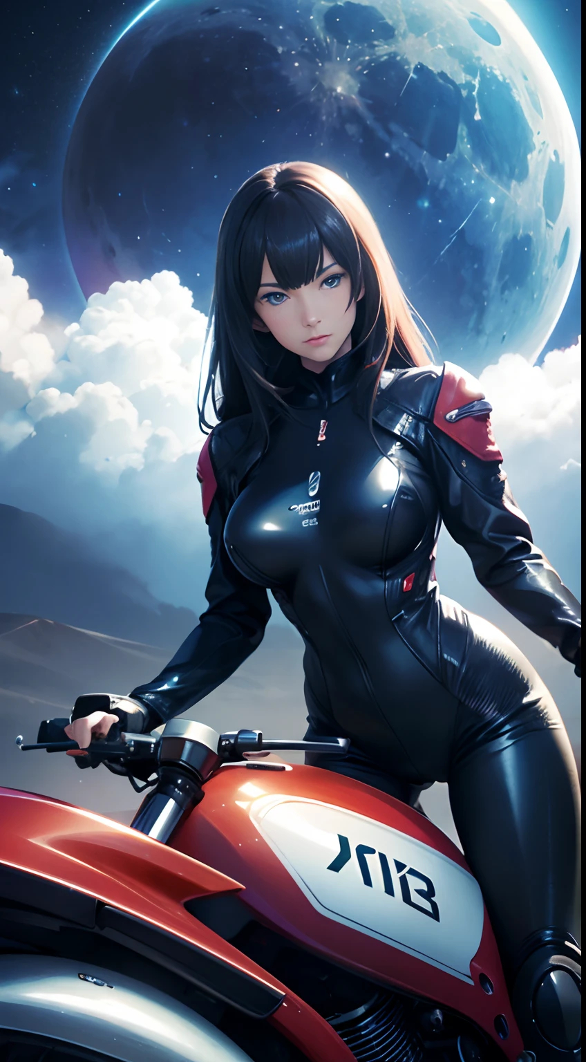 Jim Burns, Charles Doyle, Surreal, mysterious, strange, fantastical, fantasy, Sci-fi, Japanese anime, lady in a rider suit riding a motorcycle, galaxy, clouds, moon, planets, detailed masterpiece depth of field cinematic lighting high resolution definition quality, super thin skintight rider suit, huge tits high ass sexy erotic