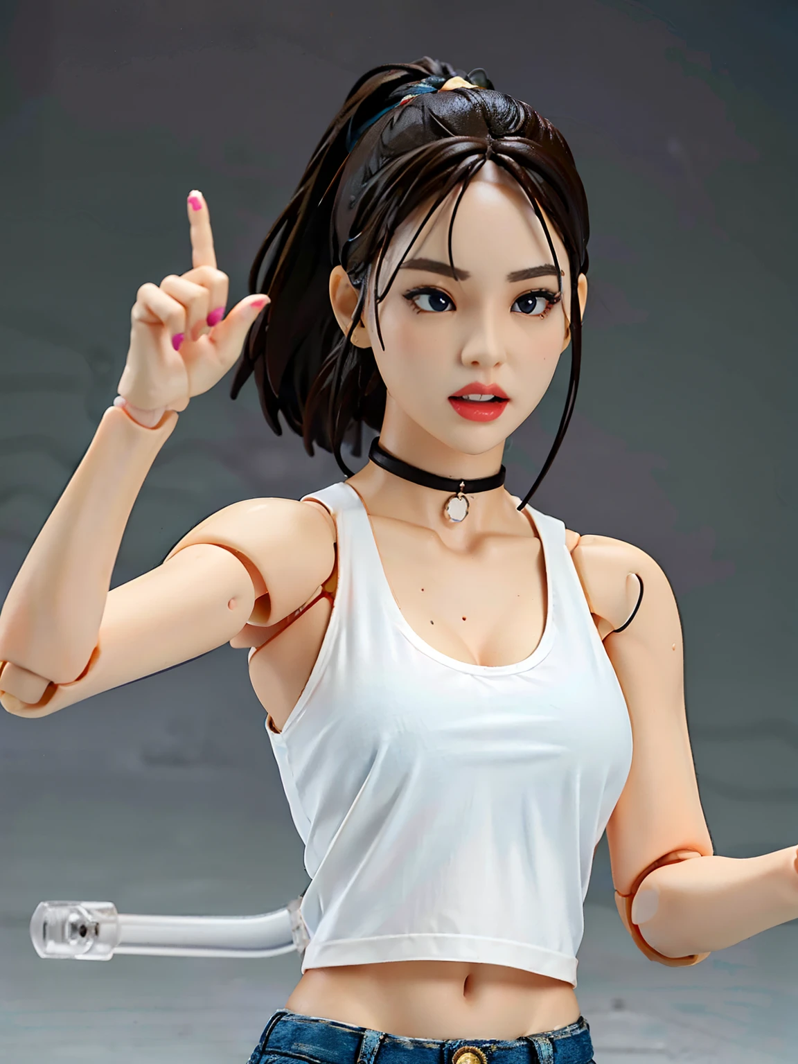 1girl action figure, figma, dancing and singing pose, wearing daisy duke, white tanktop, black choker, dynamic dancing, holding a mike in one hand, perfect hands