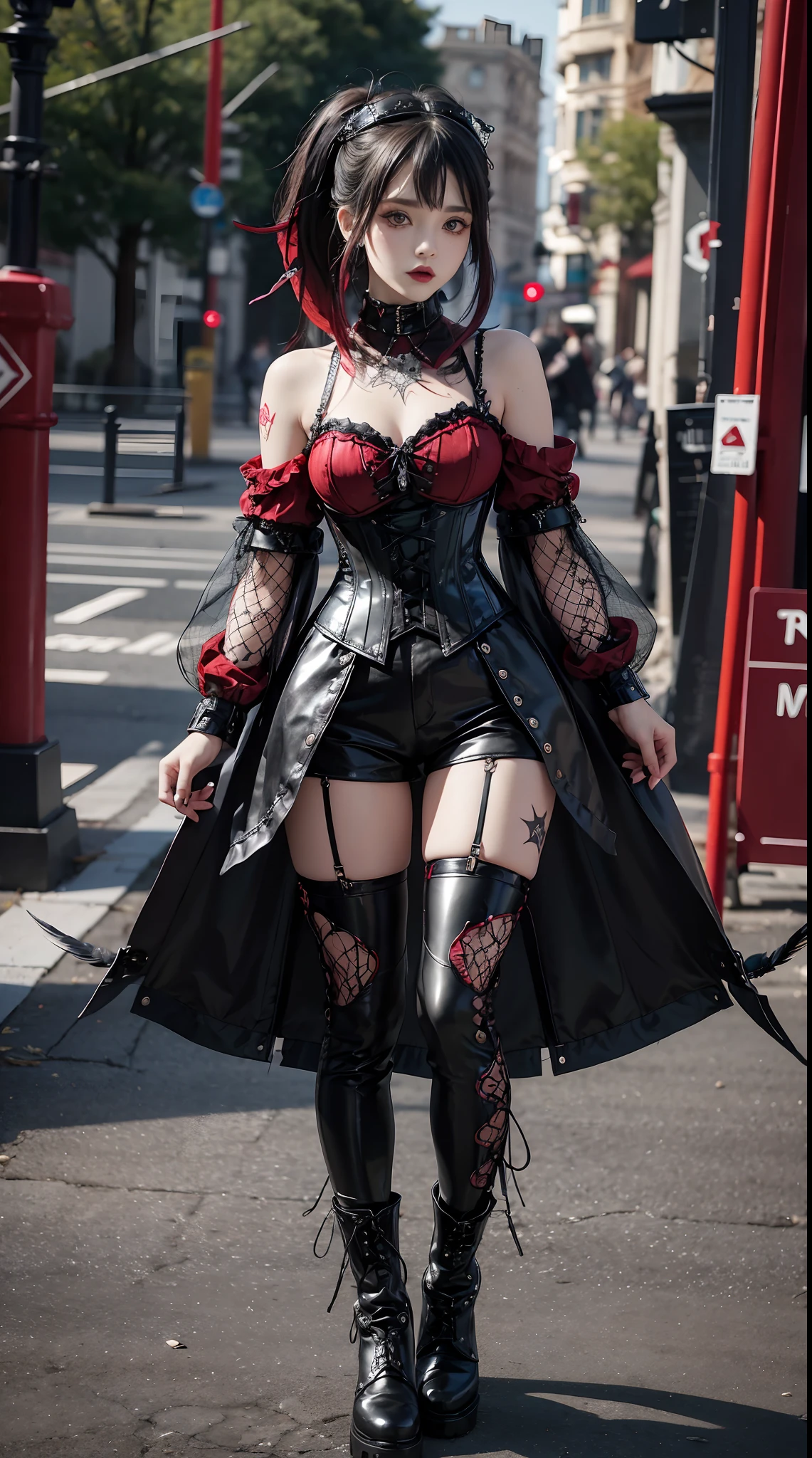 gothGals,Tattooed with,She wears a stud PVC corset,red colour,There are feathers on the shoulders, wind coat,kneehigh boots,(fish net leggings).