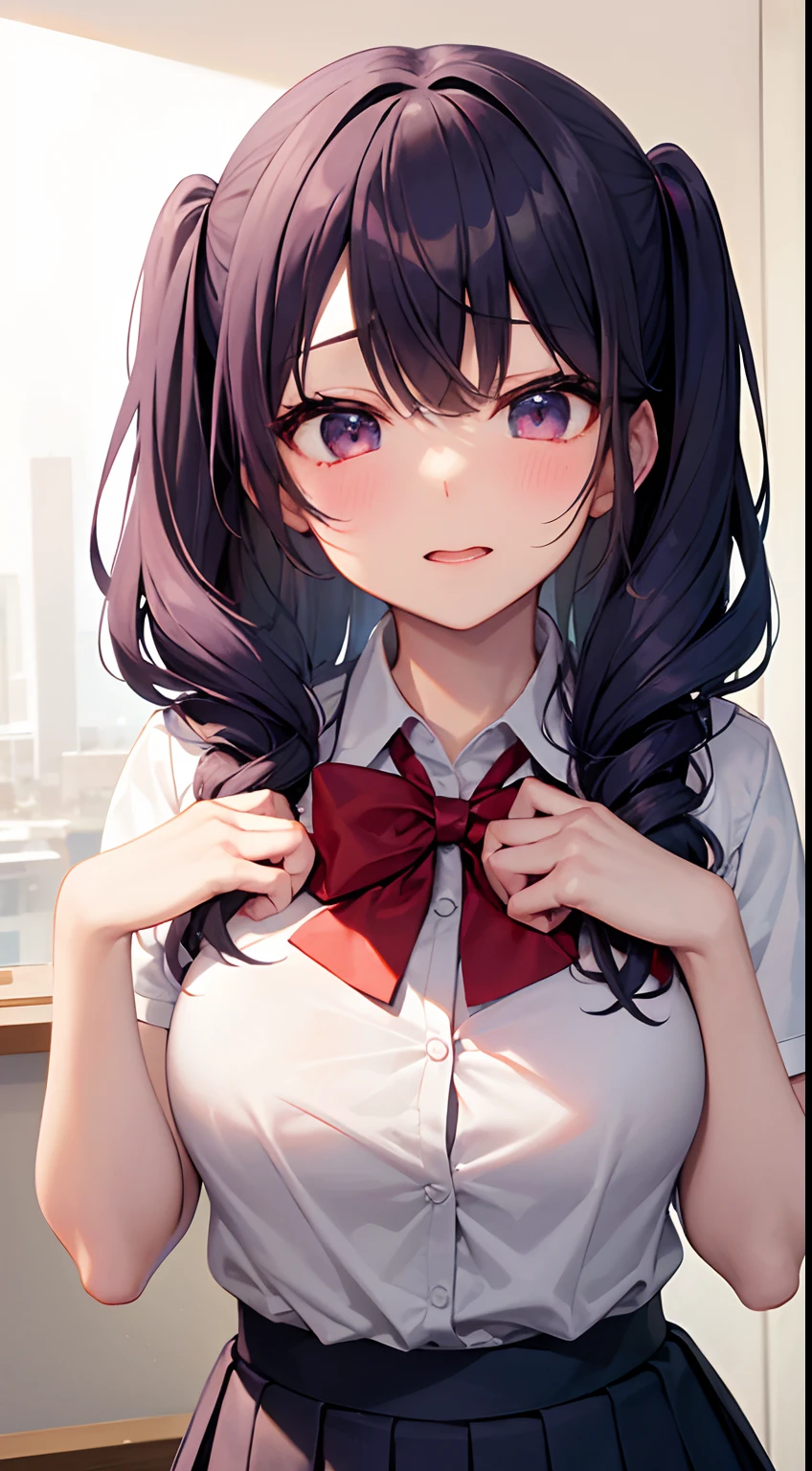 top-quality masterpiece 8K Masterpiece One woman in school uniform Upper body photo kawaii pose Photo from the chest up Focus on the face Kamimei Close-range photography The majority of users on the screen profetional lighting Cute school uniform miniskirt flutters Vibrant photo red blush Shyness perspiring agitation Happy expression Sullen expression Ecstatic look Sex appeal The neat and clean heroine of a dating simulation game shiny dark blue hair Gloss Bruises and cuteness Buriko