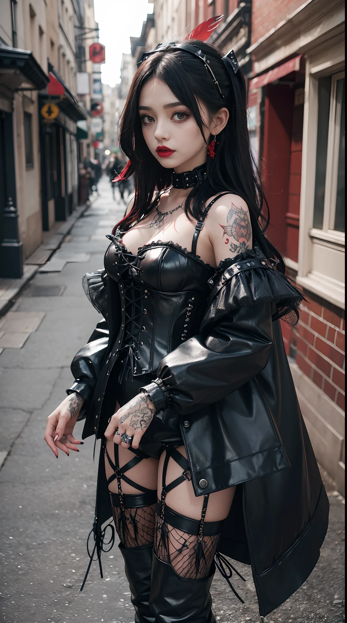 gothGals,Tattooed with,She wears a stud PVC corset,red colour,There are feathers on the shoulders, wind coat,kneehigh boots,(fish net leggings).