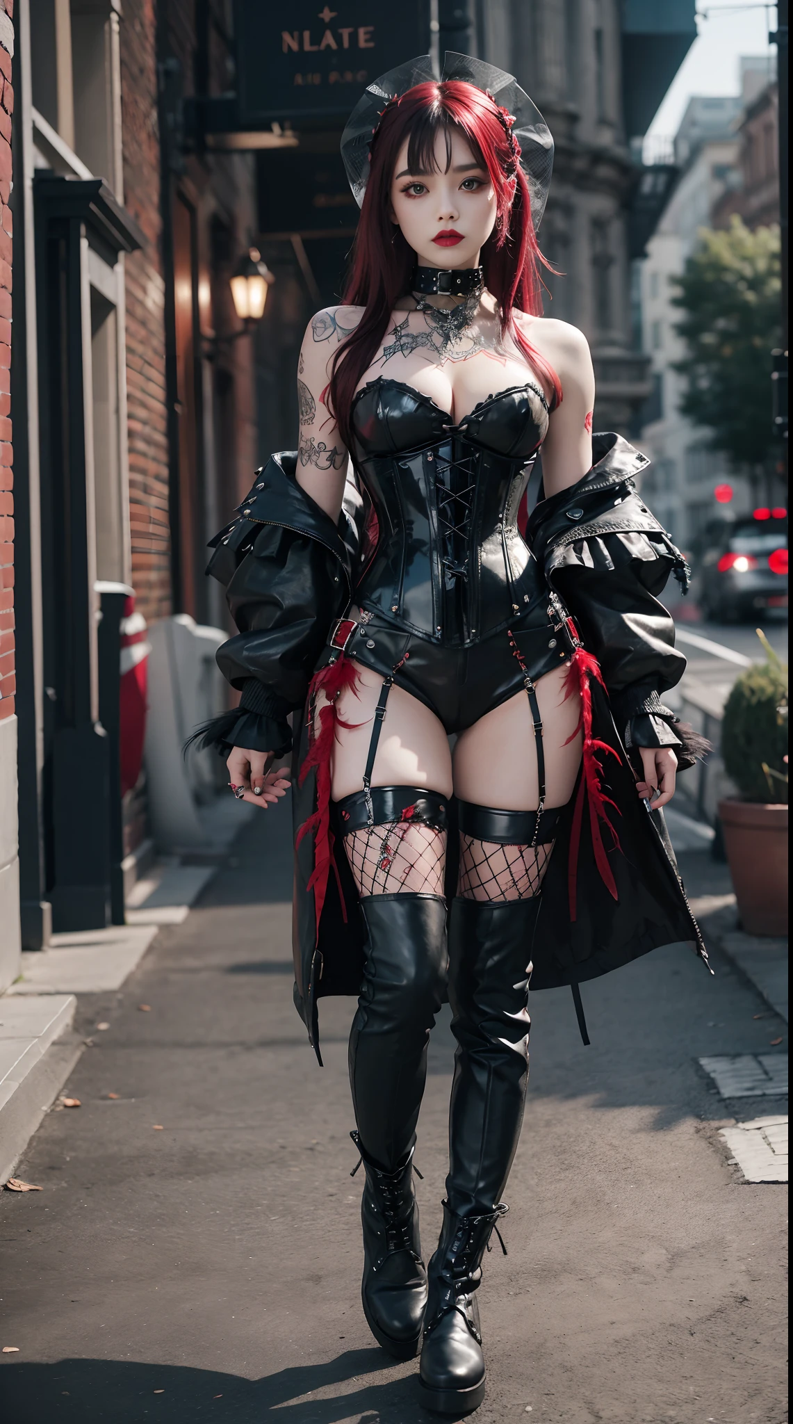 gothGals,Tattooed with,She wears a stud PVC corset,red colour,There are feathers on the shoulders, wind coat,kneehigh boots,(fish net leggings).