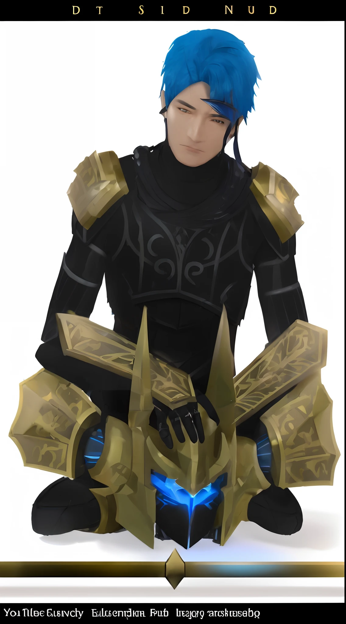 a man with blue hair, black and golden armor, black and gold armor, a human male paladin, wearing shiny breastplate, wearing black armor, gold obsidian armor, heavy gold obsidian armor, fullbody rpg portrait, wearing fantasy armor, gilded shiny armour, epic paladin armor, clothed in ancient battle armor