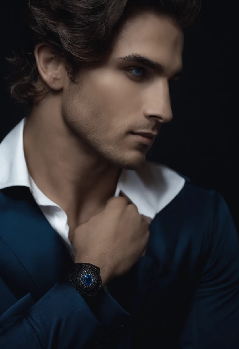 homen com olhos azul, cabelo branco e roupa toda preta