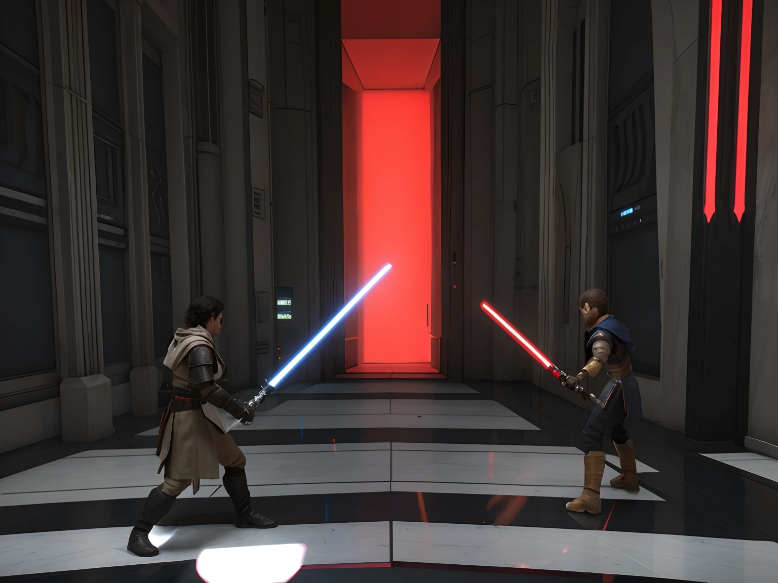 Two people in the hallway with lightsabers in front of them, Lightsaber duel, Jedi Knight, 3D-графика, Jedi, PS 2 Скриншот, Screenshot from the game, duel, PlayStation 2 gameplay is still, A dramatic duel of destinies, PSX Screenshot, Lightsaber Jedi, duel, Holding laser swords in his hands