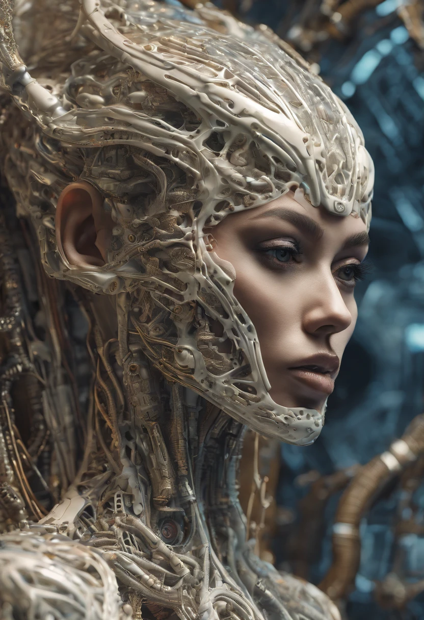 complex 3d render ultra detailed of a beautiful porcelain profile kim kardashians face , biomechanical cyborg, analog, 150 mm lens, beautiful natural soft rim light, big leaves and stems, roots, fine foliage lace, colorful details, massai warrior, Alexander Mcqueen high fashion haute couture, pearl earring, art nouveau fashion embroidered, steampunk, intricate details, mesh wire, mandelbrot fractal, anatomical, facial muscles, cable wires, microchip, elegant, hyper realistic, ultra detailed, octane render, H.R. Giger style, volumetric lighting, 8k post-production