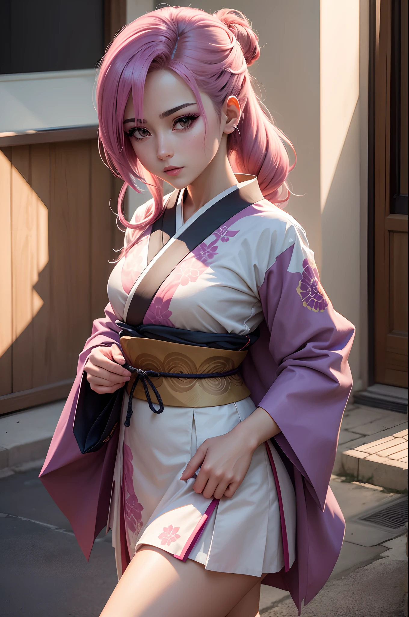 Sakura, anime naruto, olhar meigo, kimono, (extremamente detalhado CG unidade 8k papel de parede),(master part), (melhor qualidade), (ultra-detalhado), (best illustration),(melhor sombra), cowboy shot, (Sharp eyeliner, sombra, olhos detalhados:1), Fundo da cidade, ,quebrar , ornamento de cabelo, anatomia correta