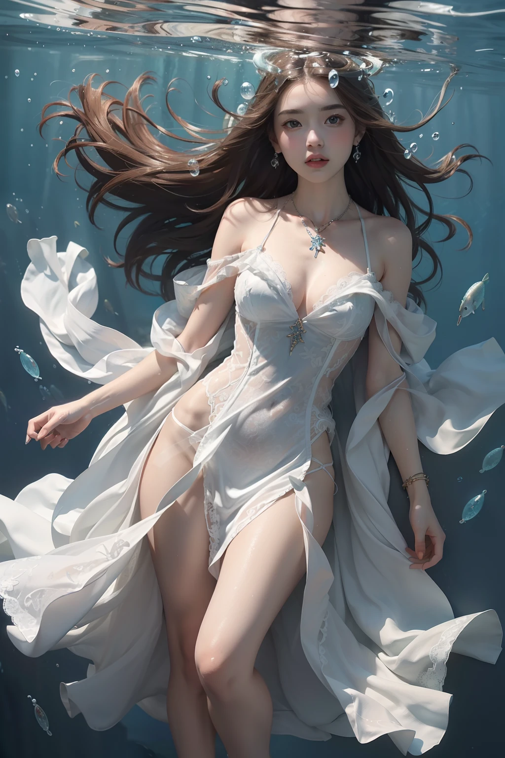 High detail CG,rich details,An underwater world in the sun,deep water,water bubbles,small fish swimming around,Dress normally,White lace dress,The outside is covered with a white coat,Dragon girl,Wear an exaggerated necklace,Brown hair long,The sun shines on the body,glowing white,The art of clocking in