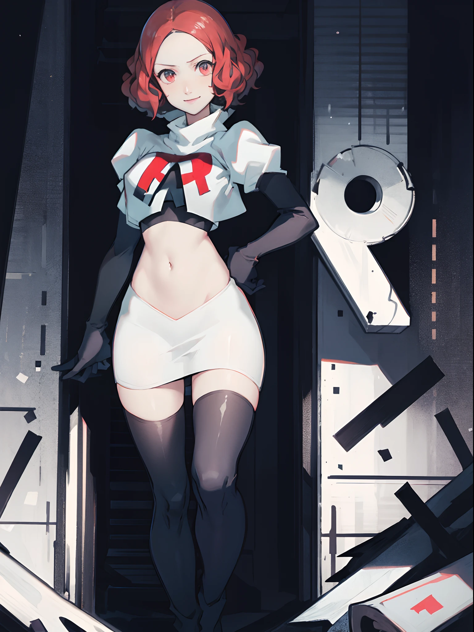 Haru Okumura (persona 5), team rocket uniform, white jacket, white skirt, pencil skirt, miniskirt, black thighhigh boots, black elbow gloves, hand on hip, midriff, red letter "R", evil smile