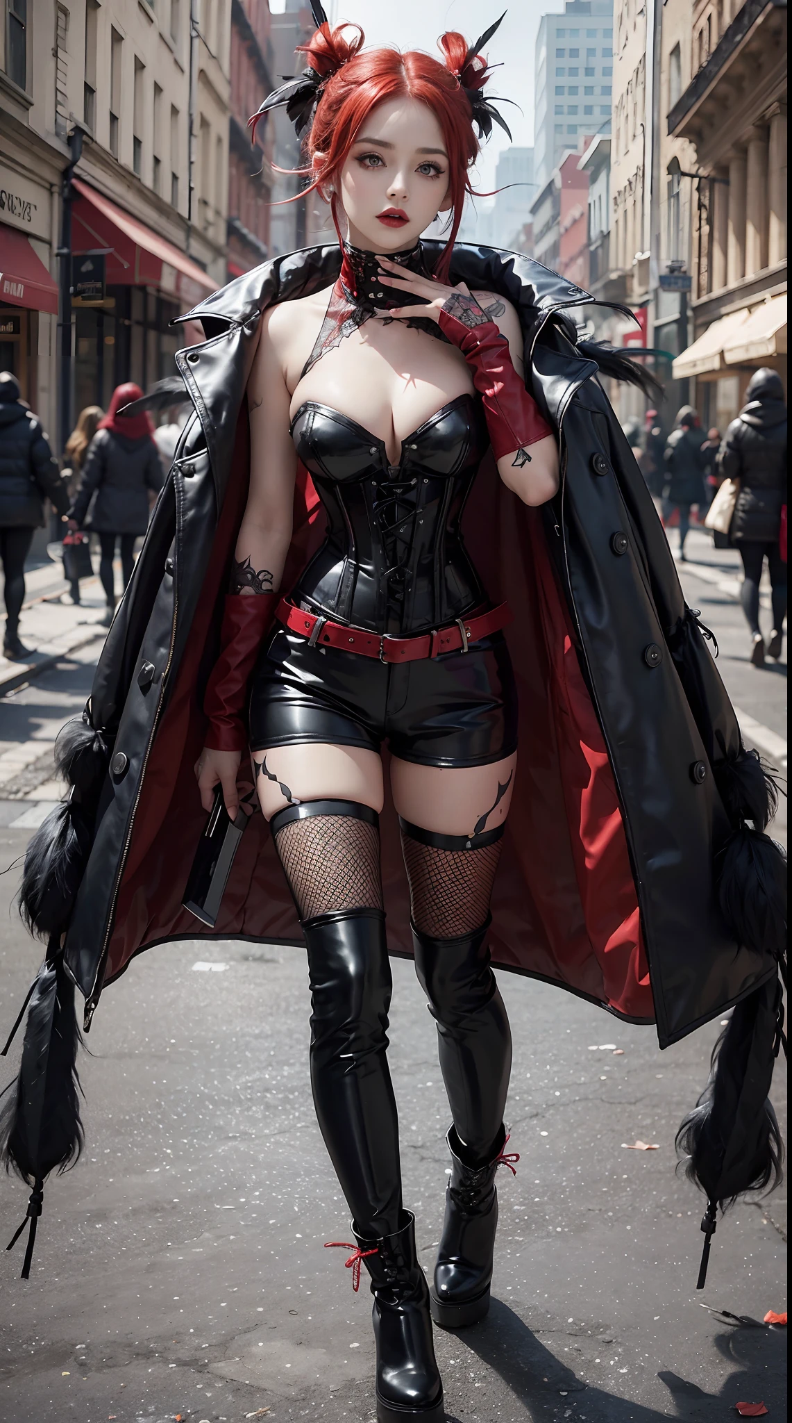 gothGals，Tattooed with，She wears a stud PVC corset，red colour，There are feathers on the shoulders, wind coat，kneehigh boots，(fish net leggings).