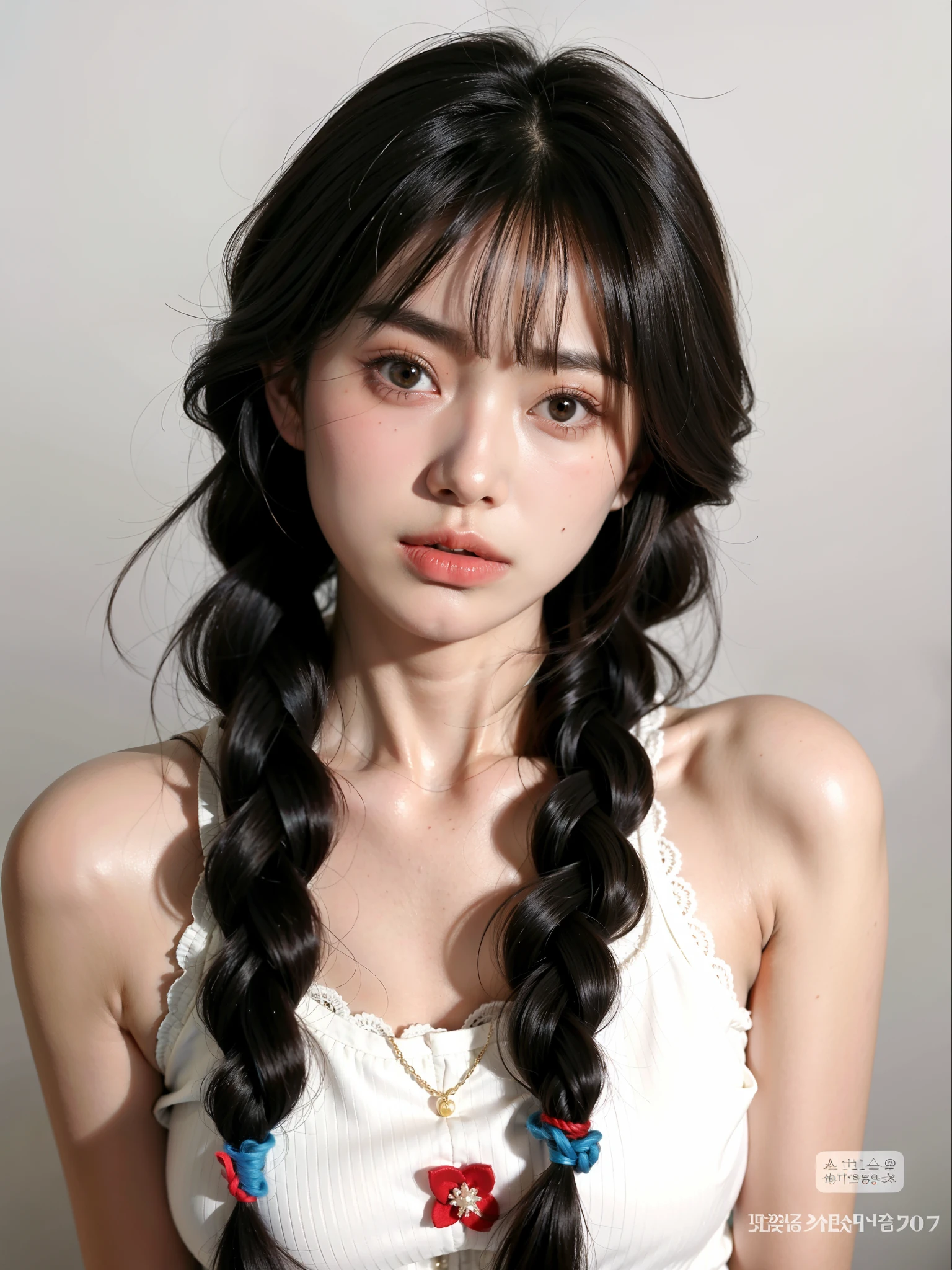 um close up de uma mulher com longos cabelos pretos usando um top branco, Ulzzang, cabelo arrumado com franja, Ela tem cabelo preto com franja, Yoshitomo Nara, menina bonito-fino-cara, penteado twintails, wan adorable korean face, young adorable korean face, menina coreana, cabelos longos com franja
