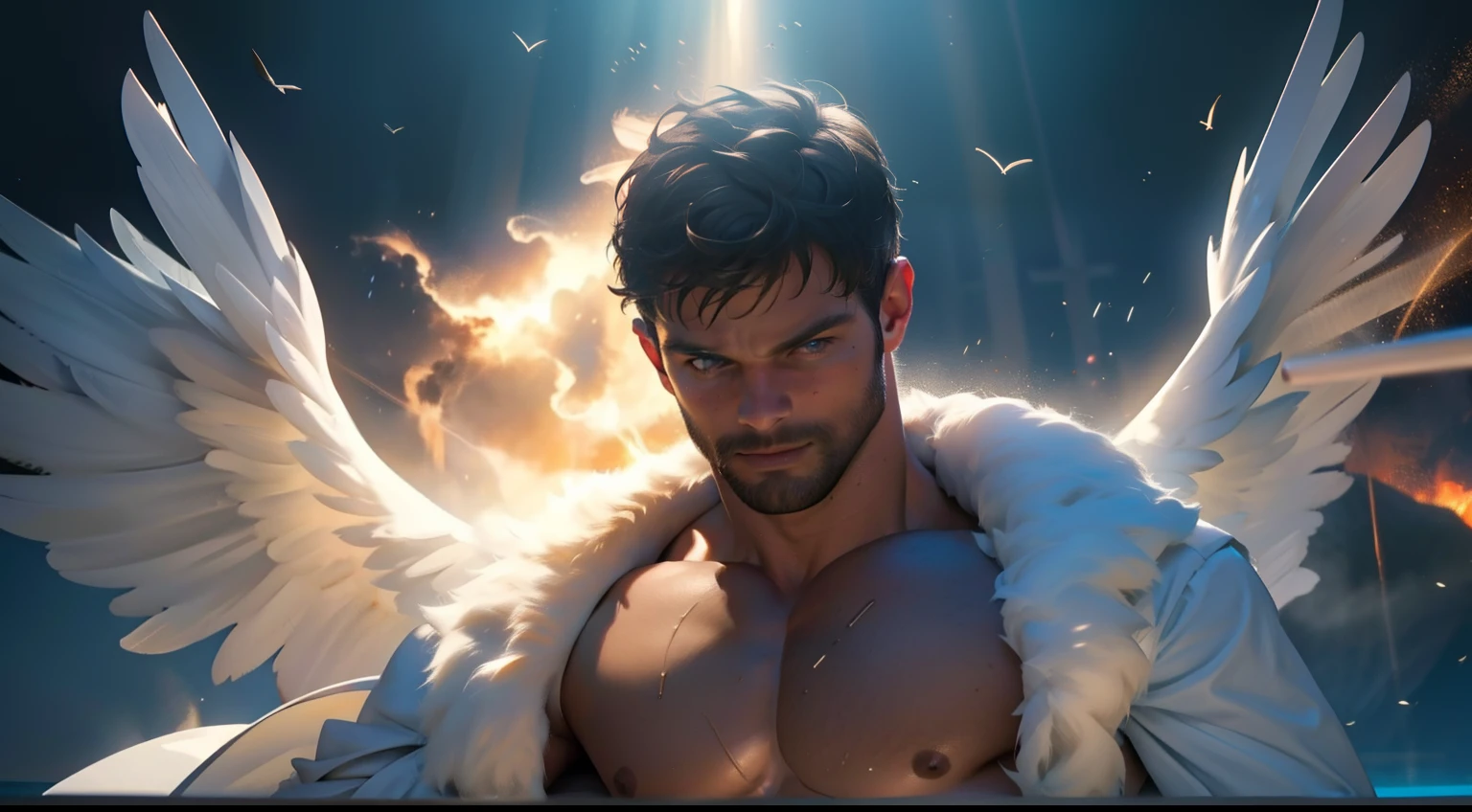 Man with large white feather wings on his back, large wings, Jamie Dornan, eyes of light, wearing a short black beard, wearing a Golden Crown, focus on the details of the face, rays coming out, serious and attractive man, shirtless, showing his chest , magical and real effect, film cover, with magical light explosions, powerful celestial warrior, similar to actor Jamie Dornan, orange magical sky image background, (8k, RAW photo, best quality, masterpiece: 1.2), (realistic, photorealistic: 1.37), professional lighting.