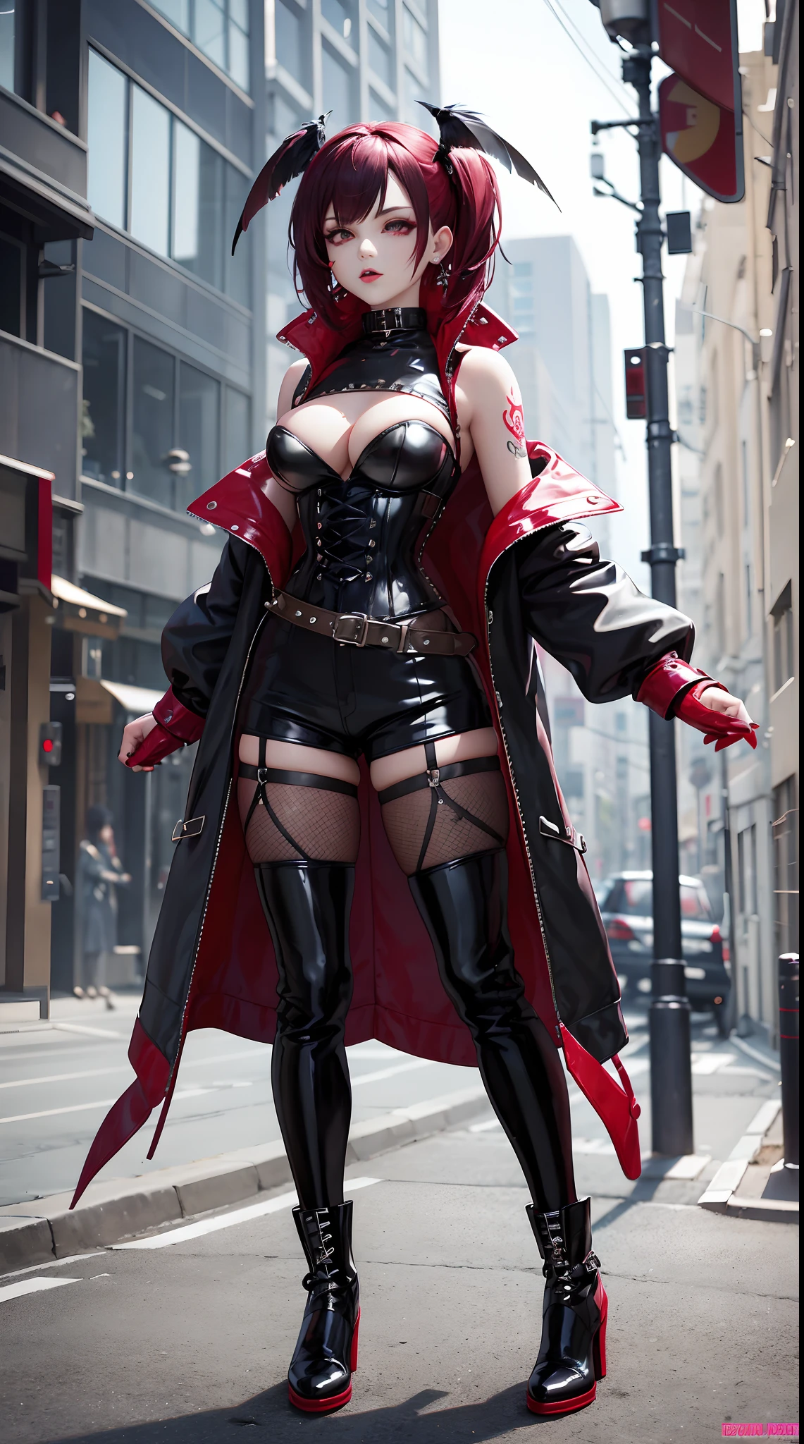 gothGals，Tattooed with，She wears a stud PVC corset，red colour，There are feathers on the shoulders, wind coat，kneehigh boots，(fish net leggings).