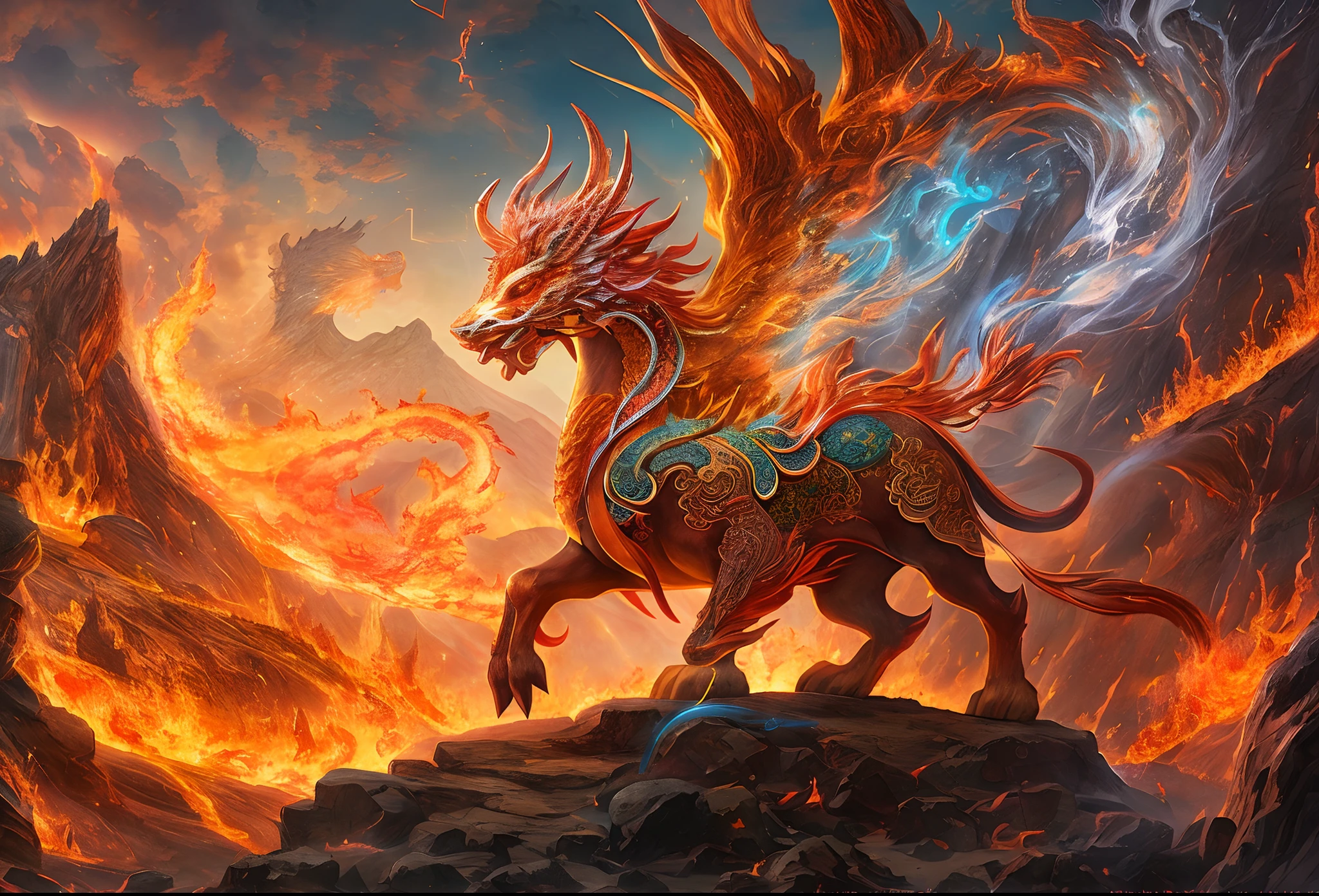 (Best quality,Masterpiece, iintricate,hyper-detailing,8K  UHD,超高分辨率，extremely detailed CG unity wallpaper) ,dahuangdongjing，Fire Qilin，Fire Qilin in volcanic lava，Surrounded by lightning，Stand on volcanic lava，The peaks are steep，Strange rocks，salama，magma，Dreamland Wonderland、fanciful，Riding，Traditional Chinese elements，（（Ancient murals）），Illustrative myths，Fuyao Legend，Dappled light，Hazy haze，mystical aura，tmasterpiece，k hd，Rich in color，Detailed details，Seven colors