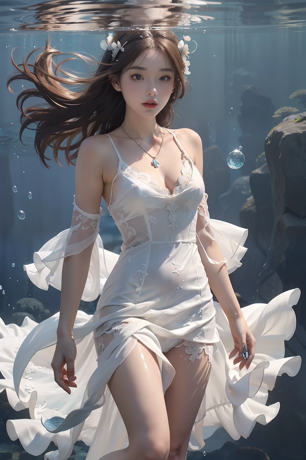 High detail CG,rich details,An underwater world in the sun,deep water,water bubbles,small fish swimming around,Dress normally,White lace dress,The outside is covered with a white coat,Dragon girl,Wear an exaggerated necklace,Brown hair long,The sun shines on the body,glowing white,The art of clocking in
