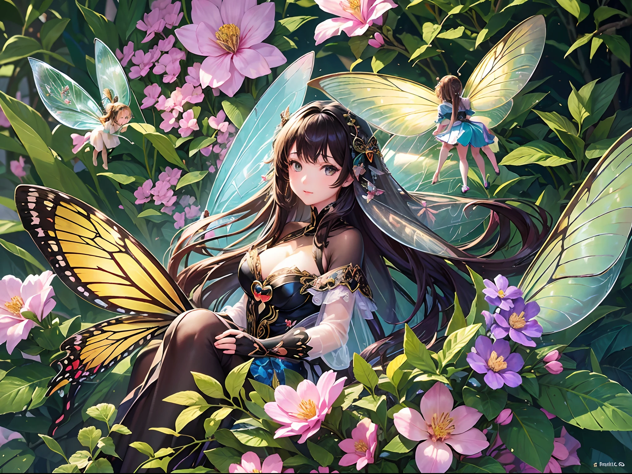 ((Finest quality)),(超A high resolution),(ultra-detailliert),(Meticulous portrayal),((Best CG)),(Finest works of art),Ultra-Precision Art,The art of astounding depiction, (One Girl Fairy:1.8),Flying in the sky:1.7,Swallowtail butterfly wings:1.6,Antennae of butterflies:1.6,Thin fabric clothing:1.5, overhead shot:1.6 butterflies,A wide variety of flowers々:1.3