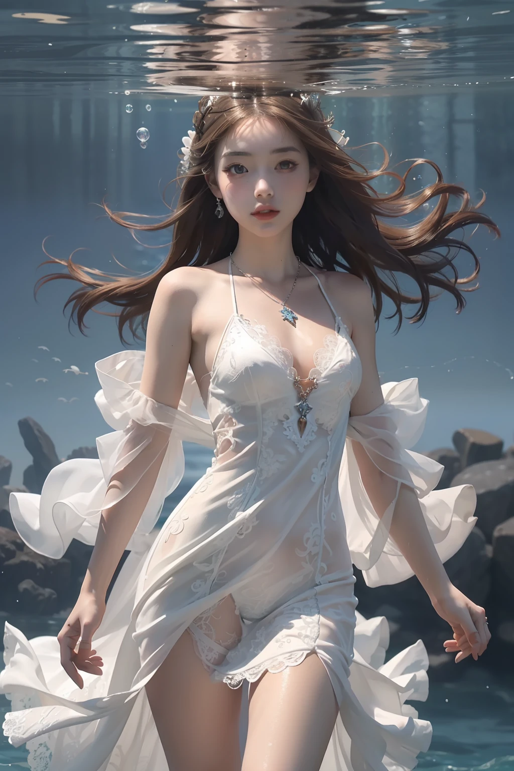 High detail CG，rich details​，An underwater world in the sun，deep water，water bubbles，small fish swimming around，Dress normally，White lace dress，The outside is covered with a white coat，Dragon girl，Wear an exaggerated necklace，Brown hair long，The sun shines on the body，glowing white，The art of clocking in