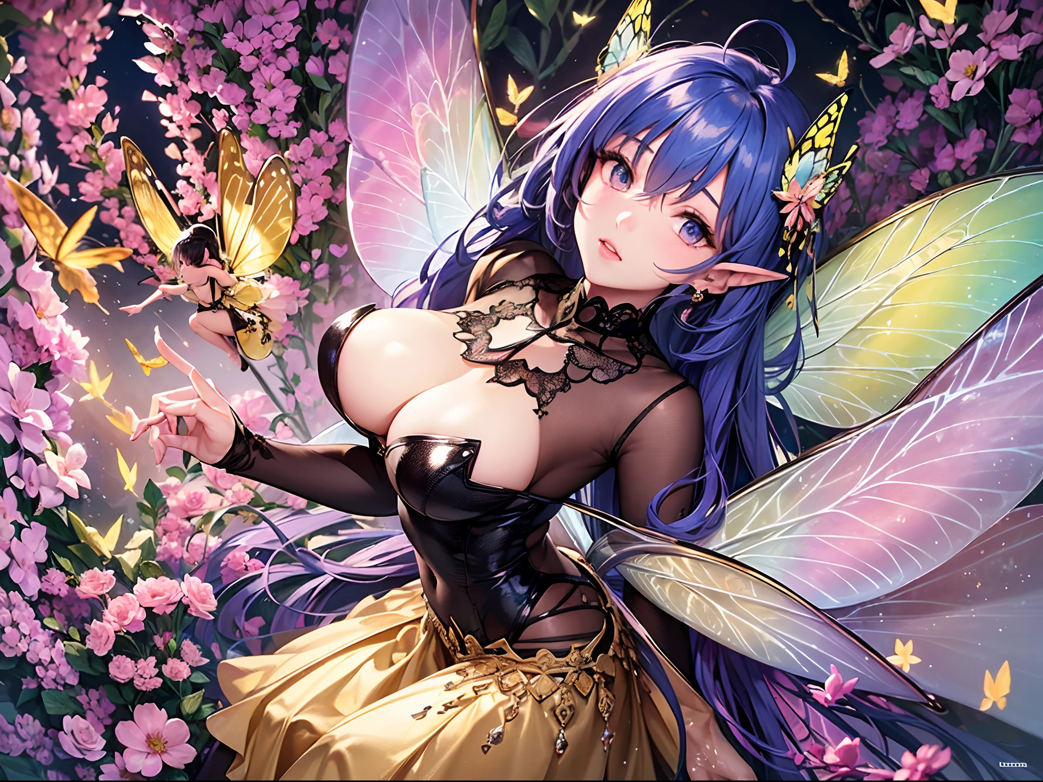 ((Finest quality)),(超A high resolution),(ultra-detailliert),(Meticulous portrayal),((Best CG)),(Finest works of art),Ultra-Precision Art,The art of astounding depiction, (One Girl Fairy:1.8),She's in the air:1.7,Swallowtail butterfly wings:1.6,Antennae of butterflies:1.6,Thin fabric clothing:1.5, overhead shot:1.6, butterflys,A wide variety of flowers々:1.3