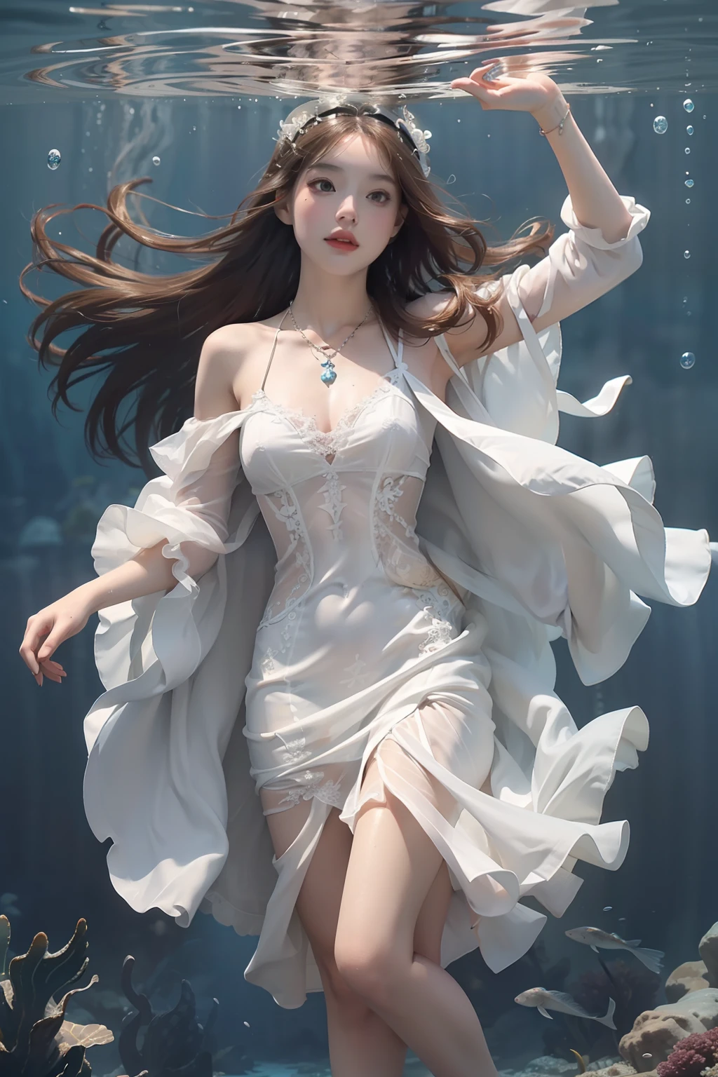 High detail CG,rich details,An underwater world in the sun,deep water,water bubbles,small fish swimming around,Dress normally,White lace dress,The outside is covered with a white coat,Dragon girl,Wear an exaggerated necklace,Brown hair long,The sun shines on the body,glowing white,The art of clocking in!stretched action