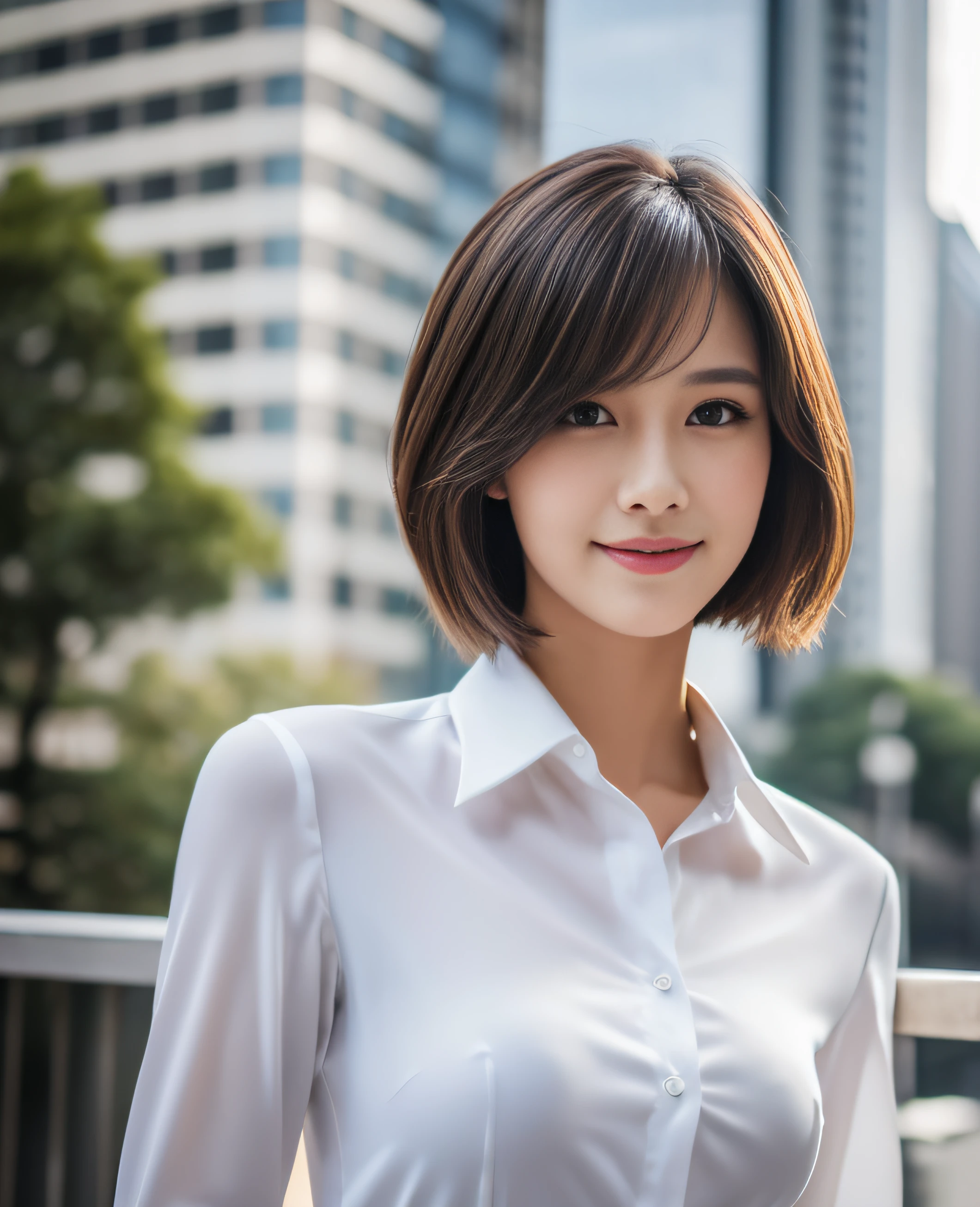 ((Best Quality, 8k, Masterpiece: 1.3)), 1 girl, smile, full body, slim face, pretty woman, short dark brown hair, white crisp shirt on upper body, black straight suit pants on upper body, high heels, super detailed face, detailed eyes, double eyelids, blurred background, slim face, tall building