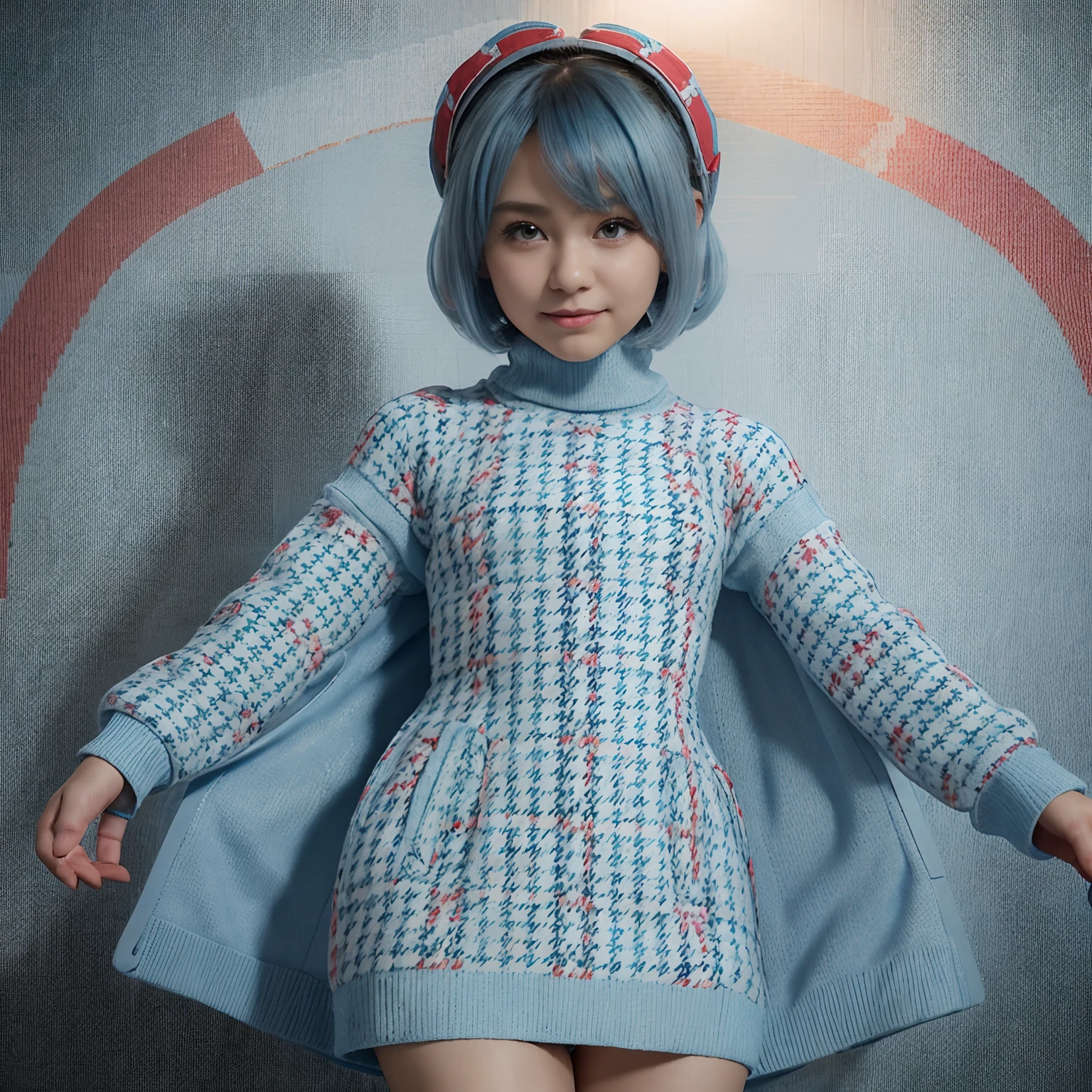masterpiece、top-quality、ultra-detailliert、(Chibi Chara's Daughter:1.2)、Chibi Boutique、Light blue bob hair、fashion modell、(red houndstooth coat: 1.4), (light blue turtleneck sweater dress:1.2)、Open your mouth and smile、Standing