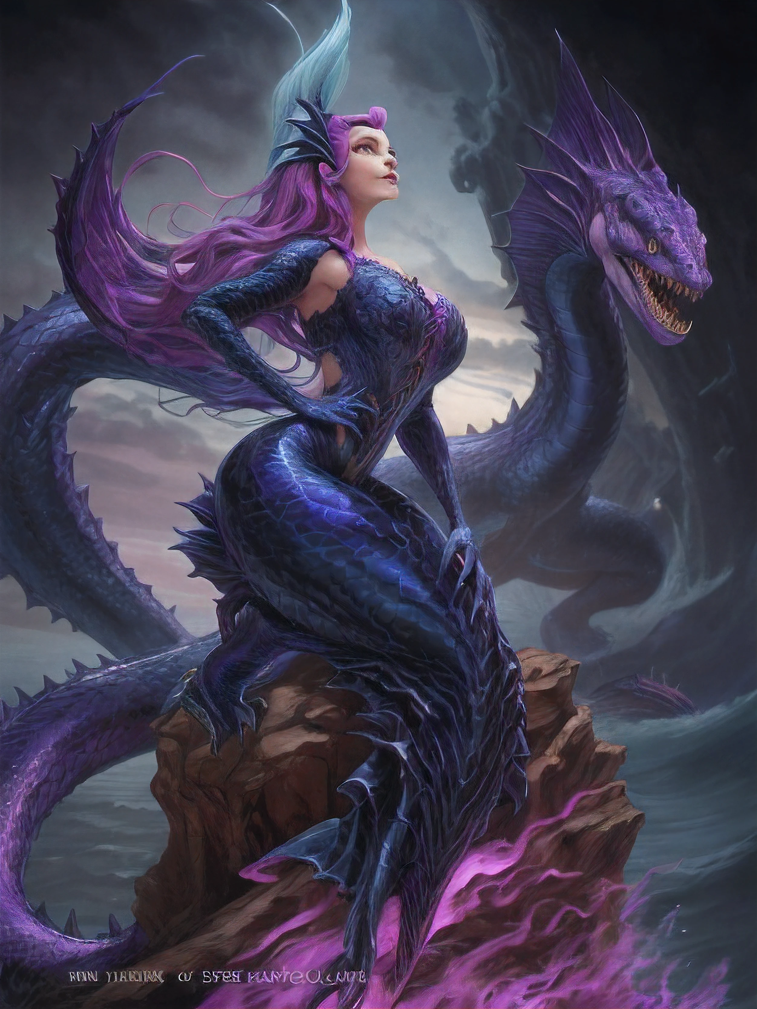 please make a disney movie poster, on the poster there is the villain, a hybrid, half human and half sea serpent, she is charming and terrifying at the same time, the color of her tail is shocking blue, her tail is gigantic, and she She's an oceanic witch.