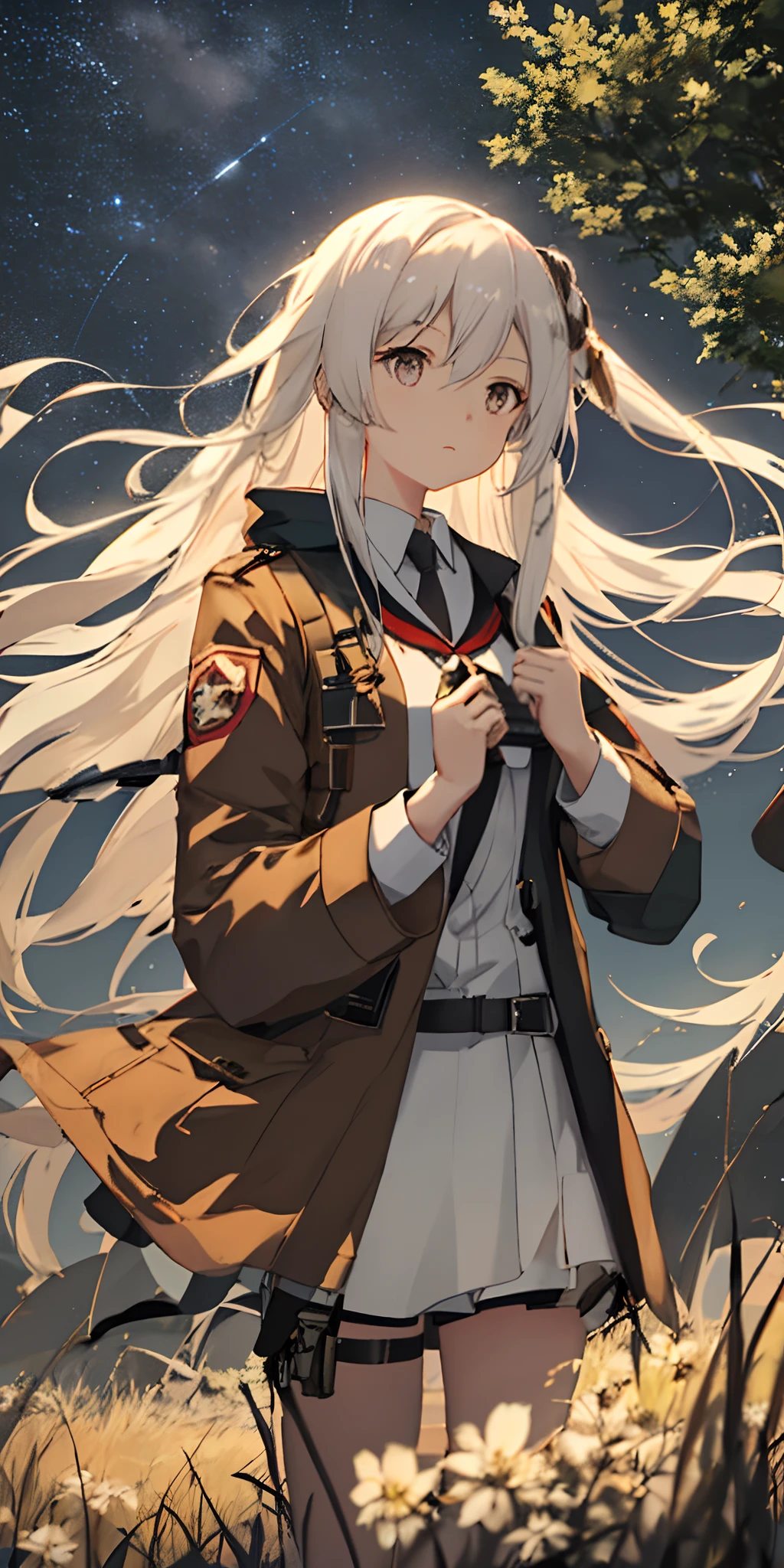Right side of an anime girl with long white hair standing in the grass, silver eyes, stars in the sky, from Girls' Frontline, Kantai Collection style, from Arknights, ArtStation pixiv trends, pixiv artstation guweiz, Girls' Frontline style , guweiz from artstation pixiv, she is wearing a brown coat with a red emblem on the right side and a white dress with a belt