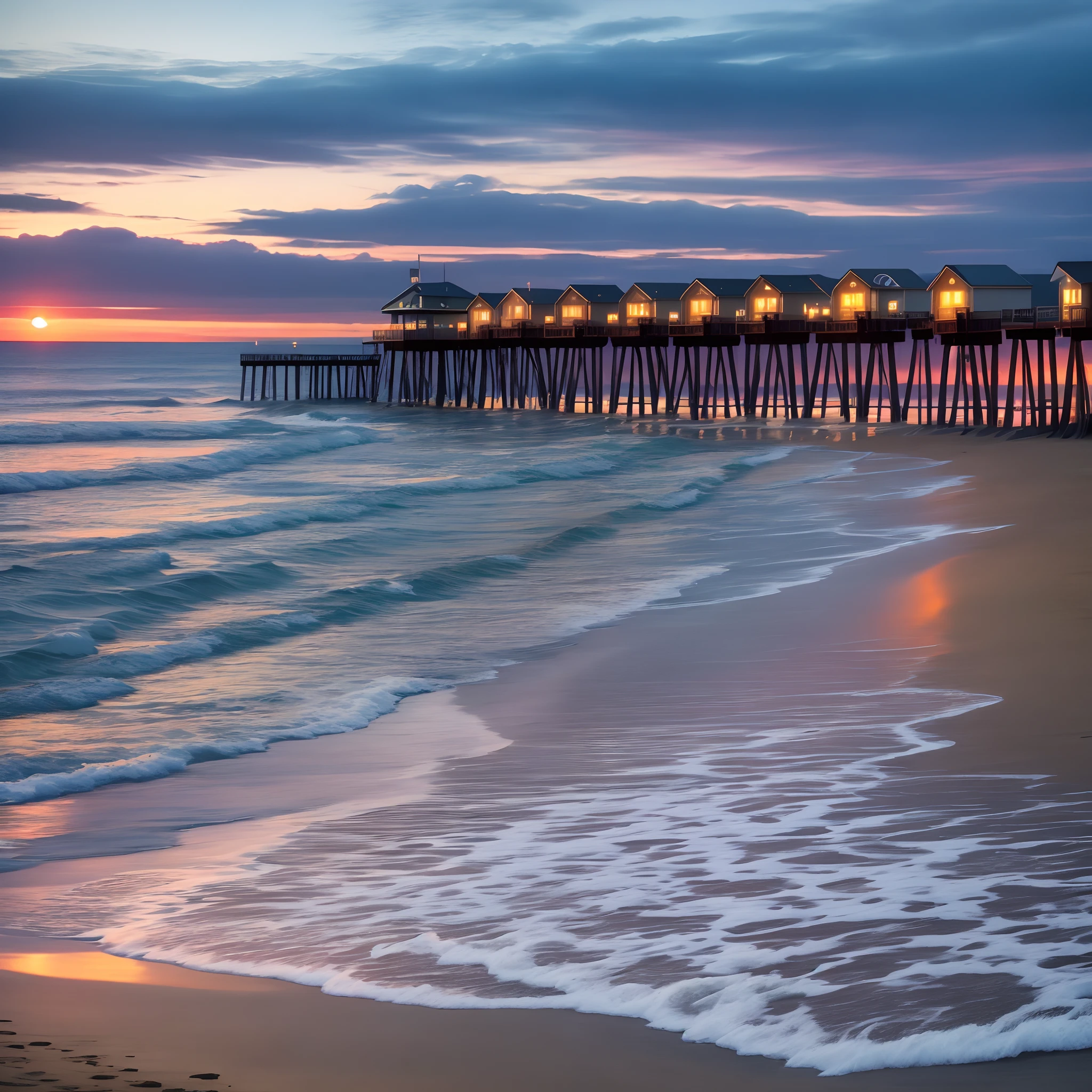 Old orchard Beach in maine by the pier, at dusk,