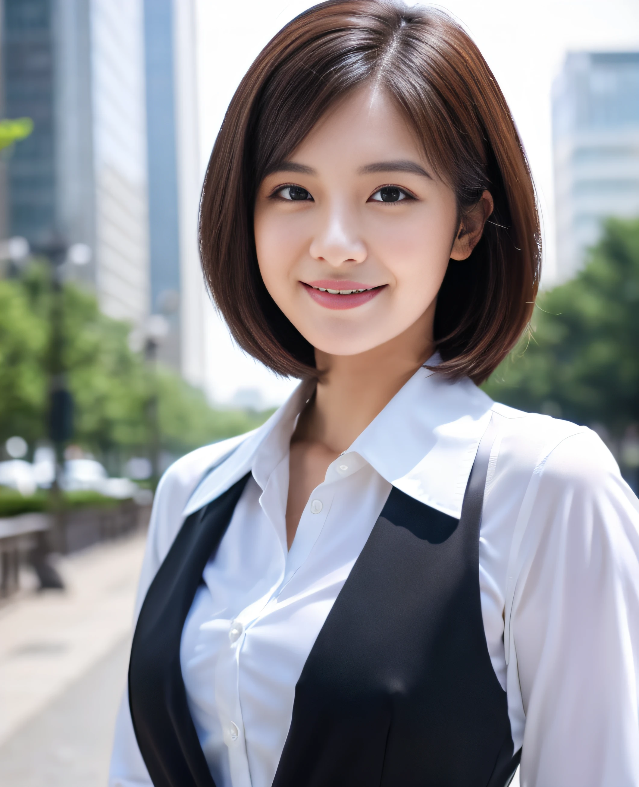 ((Best quality, 8k, Masterpiece: 1.3)), 1 girl, smiling, full body, slim face, pretty woman, short dark brown hair, white crisp shirt on the upper body, black straight suit pants on the upper body, High heels, super detailed face, detailed eyes, double eyelids, blurred background, slim face, skyscrapers, waist shot,