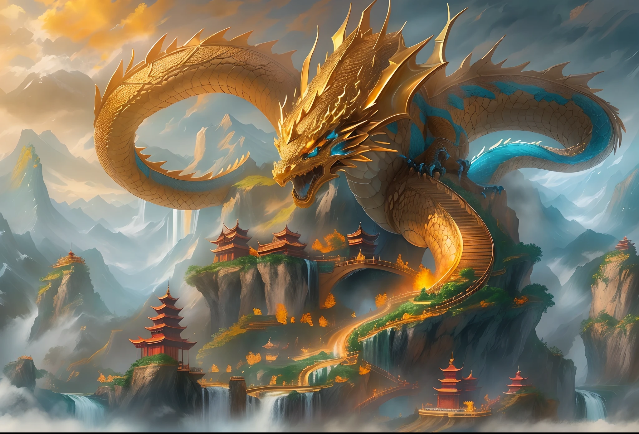 In the background is a painting of a dragon in a waterfall, chinese dragon concept art, Golden dragon, colossal dragon as background, cyan chinese dragon fantasy, Dragon Art, oil painting of dragon, drak, Chinese fantasy, Legendary Dragon, smooth chinese dragon, majestic japanese dragon, epic dragon, author:Arthur Penn, by Yang J, By Shen Quan, Chinese Dragon