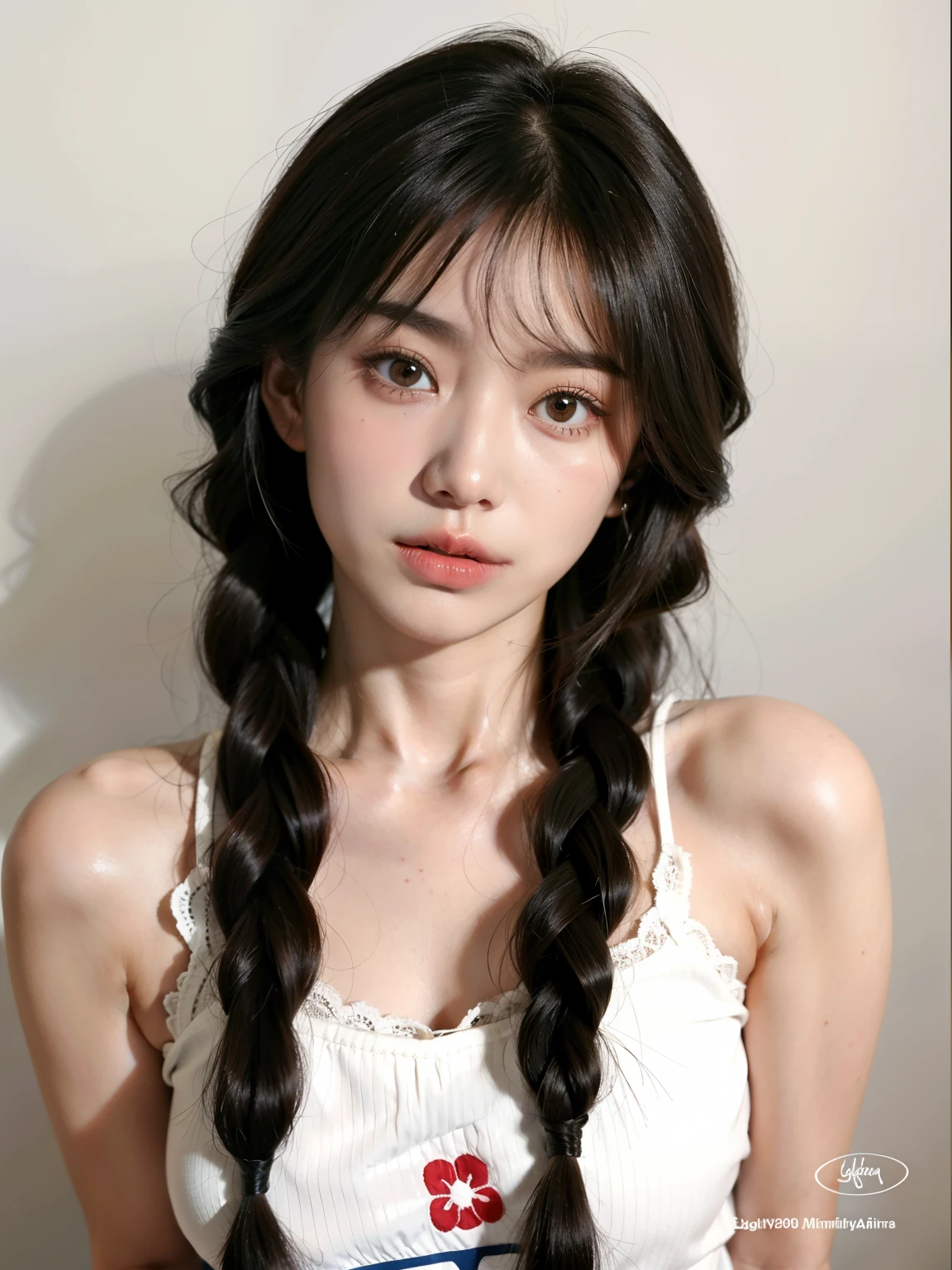 um close up de uma mulher com longos cabelos pretos usando um top branco, Ulzzang, cabelo arrumado com franja, Ela tem cabelo preto com franja, Yoshitomo Nara, menina bonito-fino-cara, penteado twintails, wan adorable korean face, young adorable korean face, menina coreana, cabelos longos com franja