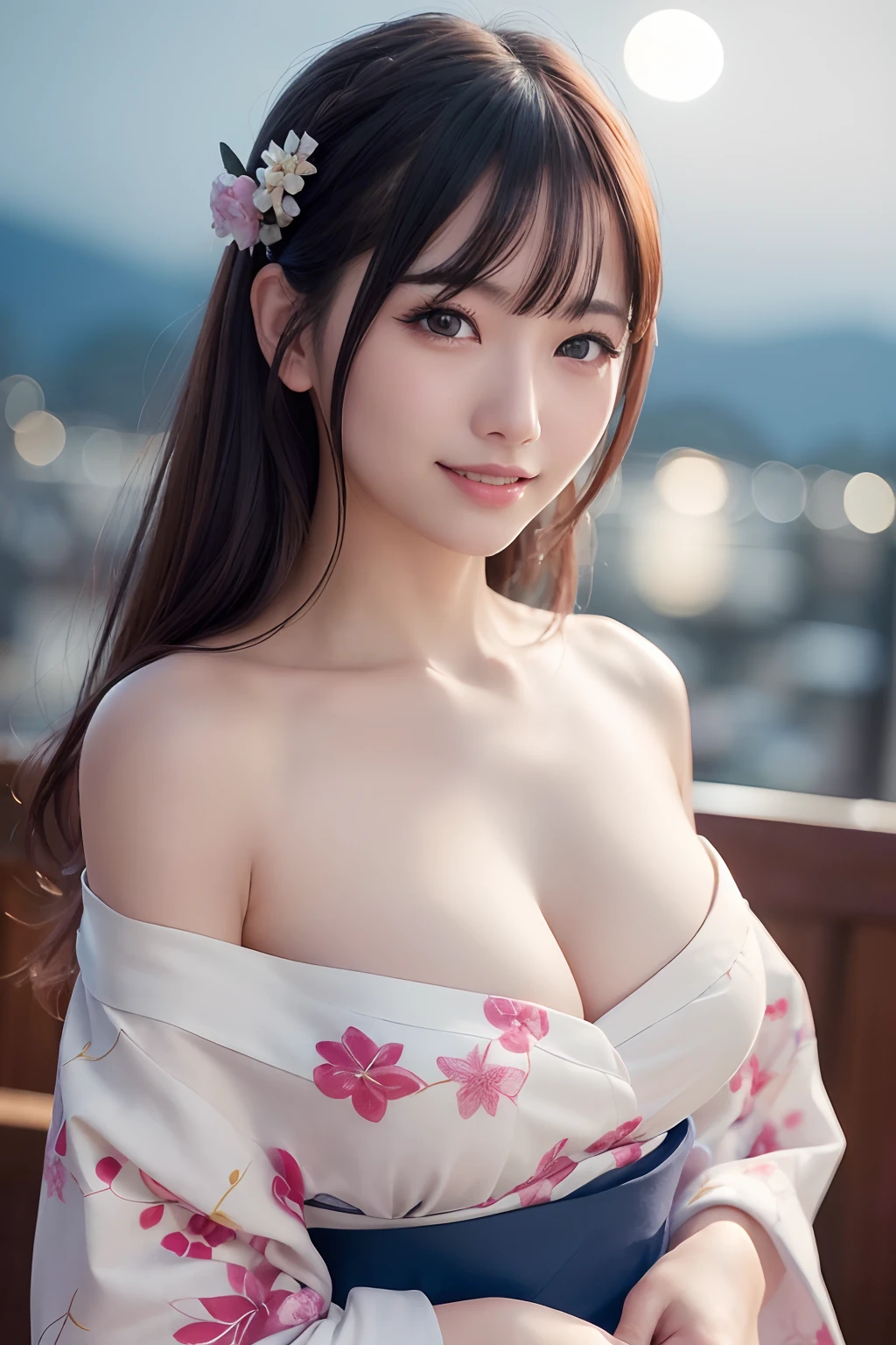 (realistic, photo-realistic:1.3), (masterpiece), (best quality:1.4), (ultra high res:1.2),(RAW photo:1.2), (sharp focus:1.3), (face focus:1.2),
(Pretty woman), (detailed yukata:1.3),off shoulder, perfect body, large breasts, cleavage, collarbones, cowboy shot,BREAK,
(happy smile:1.1),(medium hair:1.3), beautiful detailed eyes, looking at viewer, (cute), makeup, (professional lighting), finely detail, vibrant details,(ryokan),(beautiful night view background:1.2),