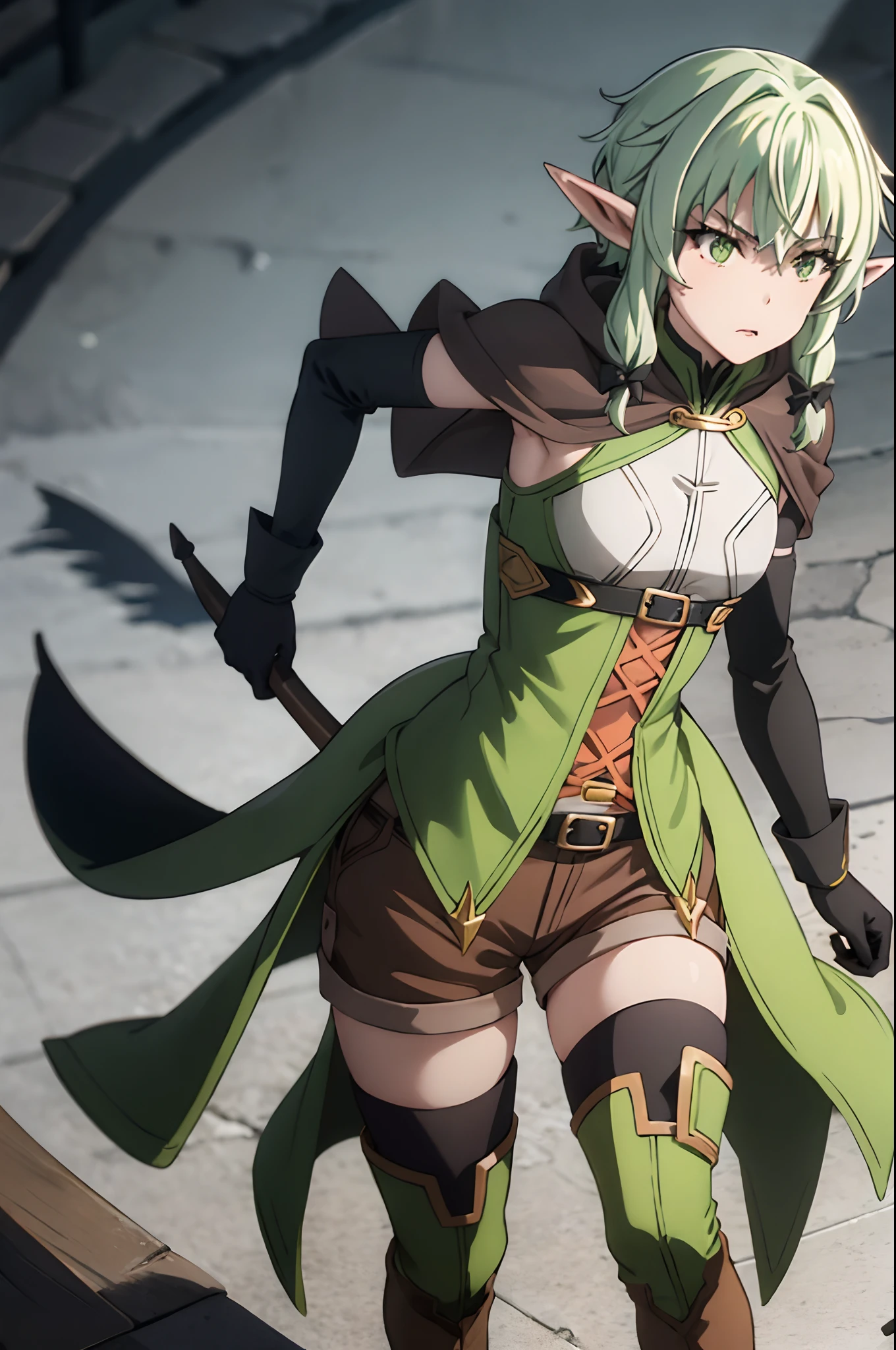 pointy ears, green hair, green eyes, short hair, short hair with long locks
green dress, sleeveless dress, black bow, black gloves, asymmetrical gloves, brown shorts, thigh boots
high elf (goblin slayer)
green dress, black bow, black gloves, asymmetrical gloves, brown shorts, thigh boots, brown cape