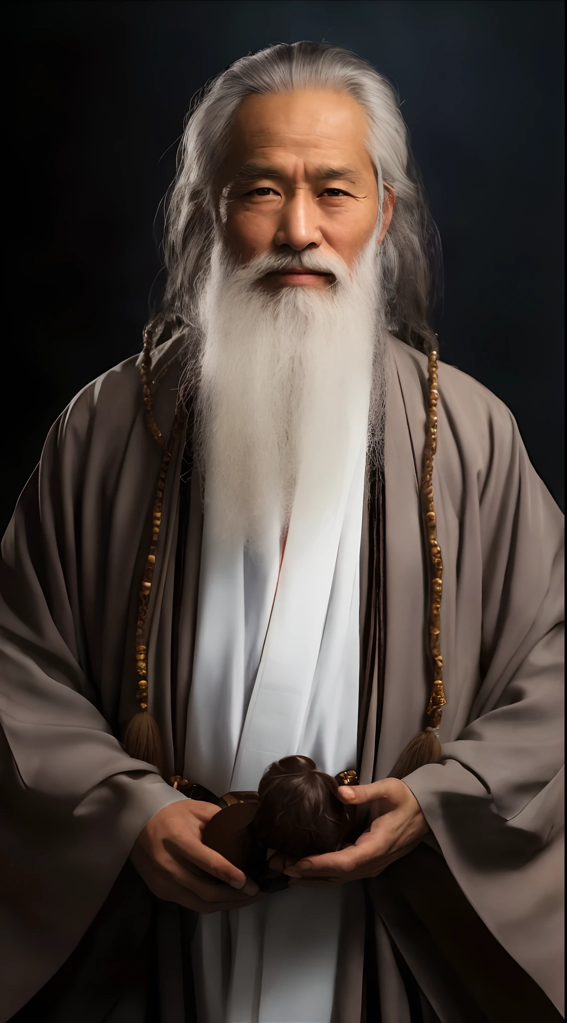 Arafeld man with long white beard and white beard holding chocolate donuts, Taoist, Taoist master, portrait of monk, wise old indian guru, Daoism, inspired by Wu Daozi, wearing a long flowing robe, Long white hair and white beard, flowing hair and long robes, ancient japanese monk, very long white beard and hair