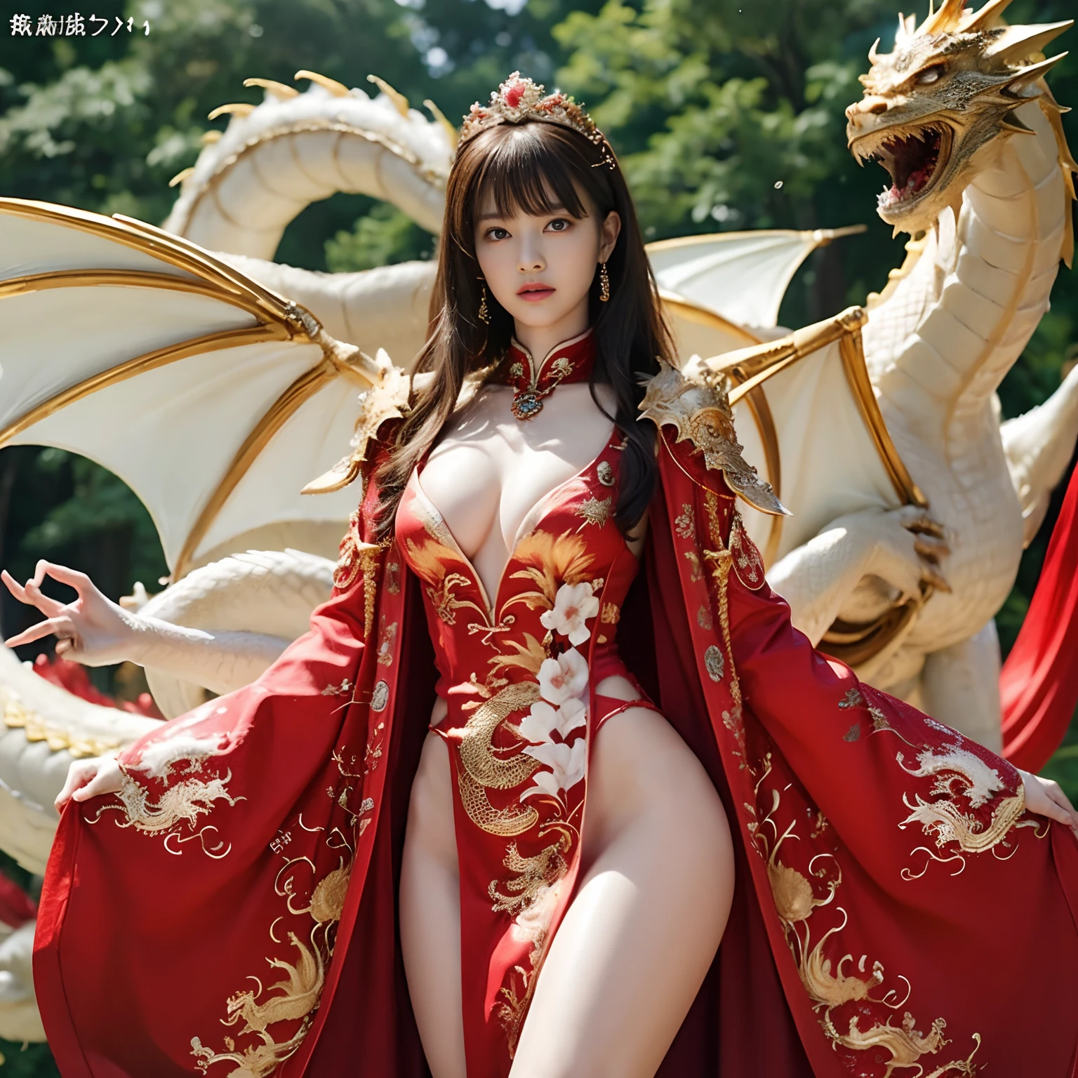 (Fight fiercely with dragons)、top-quality、masterpiece、超A high resolution、(White Dragon Armor)、dragon armor、(Wearing a beautiful crown made of jewels),(Photorealsitic:1.4)、Raw photo、1人、Golden hair、glowy skin、(((Chinese Dragon)))、(Gorgeous Jewelry Necklaces)、(Mystical expression)、(Fight big dragons)、With a beautiful knife、(White Metal Bodysuit)、(beautiful forest background)、Precipitous cliffs、(Small LED)、((super realistic details))、portlate、globalillumination、Shadow、octan render、(One-Eyed Scouter)、8K、ultrasharp、Colossal tits、Raw skin is exposed in cleavage、metals、Details of complex ornaments、Japan details、highly intricate detail、Realistic light、CGSoation Trends、Red Eyes、radiant eyes、Facing the camera、neon details、(Mechanical limbs)、(blood vessels connected to tubes)、Mechanical vertebrae attached to the back、mechanical cervical attaching to neck、(Wires and cables connecting to the head)、Gundam、Small LED、,Mechanical thighs、Toostock、(Hands are also made of machines)、(veils)、
