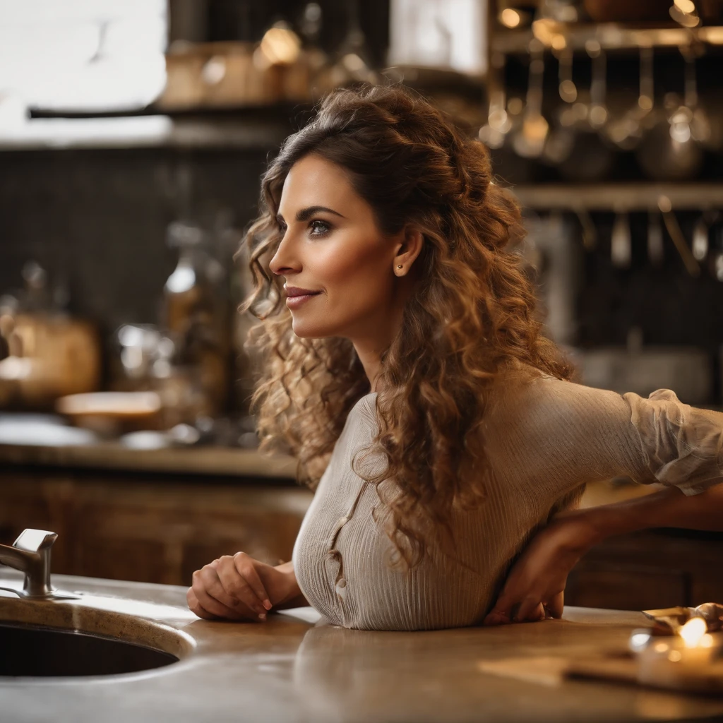 ((best quality)) high quality, Hyperrealism, realistic, ((round face shape)), ((intense brown eyes)), ((brown hair)), (latina), adult, sexy, flirting, smiling, (sitting on in kitchen bench), only wearing apron boobs , (High skin detail), skin pores, film grain, (big ass), (woman)