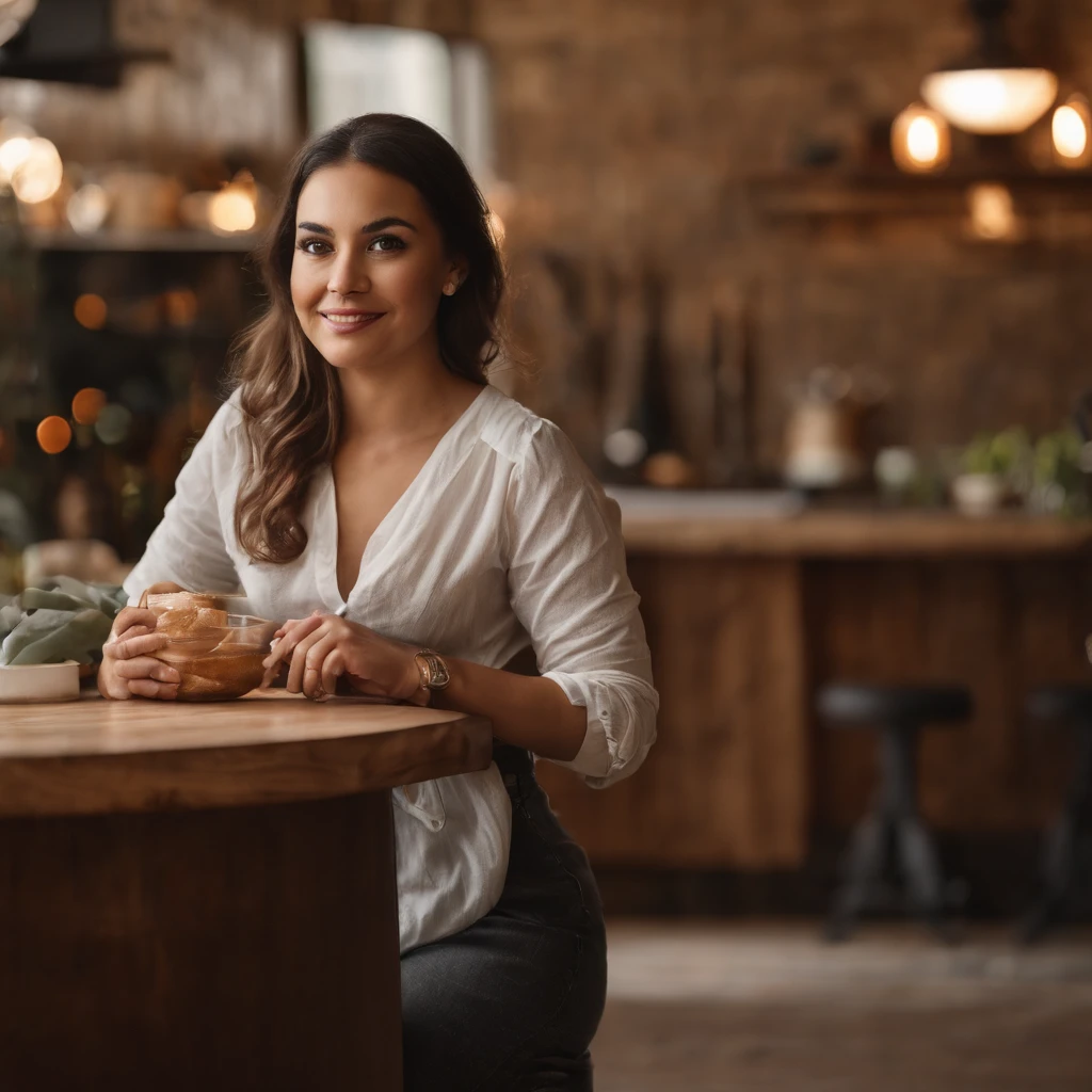 ((best quality)) high quality, Hyperrealism, realistic, ((round face shape)), ((intense brown eyes)), ((brown hair)), (latina), adult, sexy, flirting, smiling, (sitting on in kitchen bench), only wearing apron boobs , (High skin detail), skin pores, film grain, (big ass), (woman)