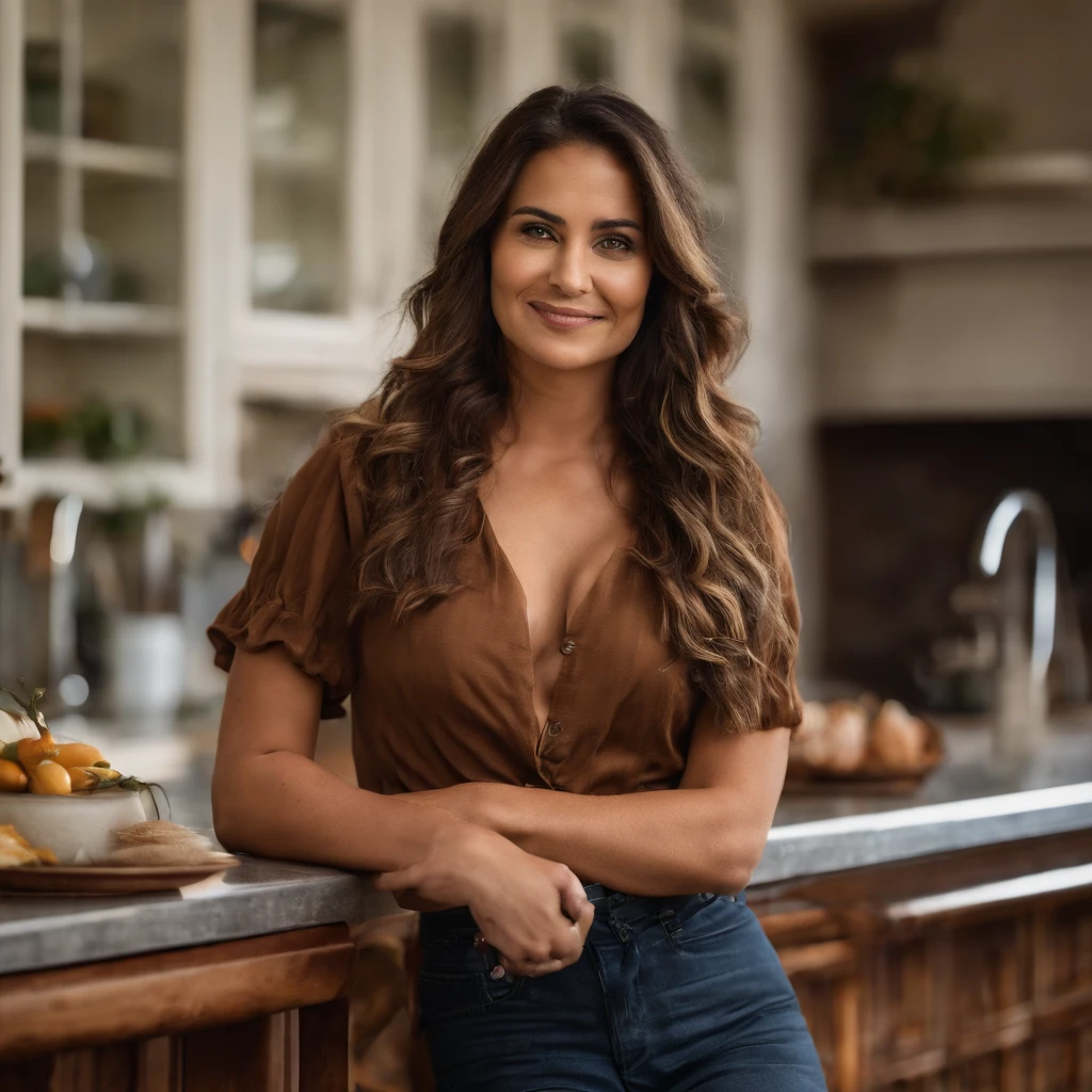 ((best quality)) high quality, Hyperrealism, realistic, ((round face shape)), ((intense brown eyes)), ((brown hair)), (latina), adult, sexy, flirting, smiling, (sitting on in kitchen bench), only wearing apron boobs , (High skin detail), skin pores, film grain, (big ass), (woman)