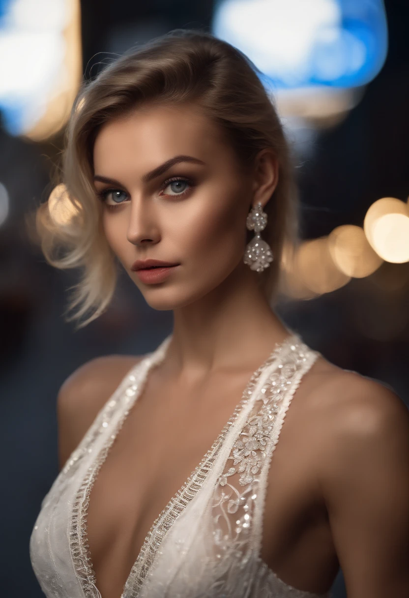 8k, Masterpiece, Photo brute, beste-Qualit, Fotorealistik, highly detailed CG Unity 8k wallpaper, profondeur de champ, cinematic light, Flaresi de lentille, Ray Tracing, (An extremely beautiful face, lovely lips, beaux yeux), Face with intricate details, (ultra-detailed skin), 1 fille, Sombre, dans les ombres profondes, Belle fille ukrainienne, Ukrainian model, 1 homme, (A very fit and muscular body:1.3), (Regarder le public), (UN GRAND LOOK TENACE:1.3), (Sans manches), (Fashion City by Night, Nuit noire, neon signs, blurred background), Fashionable street party, (with no people in the back:1.3), Beautiful earrings, Bracelets, collier, collants, yeux clairs, marche, (pale skinned), (Grands yeux), Face forward, (Tir sur le haut du corps), (une robe de couleur soie:1.3), (cheveux blonds), (Une robe moulante et en dentelle), (transparent), (Regarder le public:1.3) poitrine ouverte, mince, seins de taille moyenne, Ne tournez pas le dos, (Rear shot), transparent, Fesses de taille moyenne,.