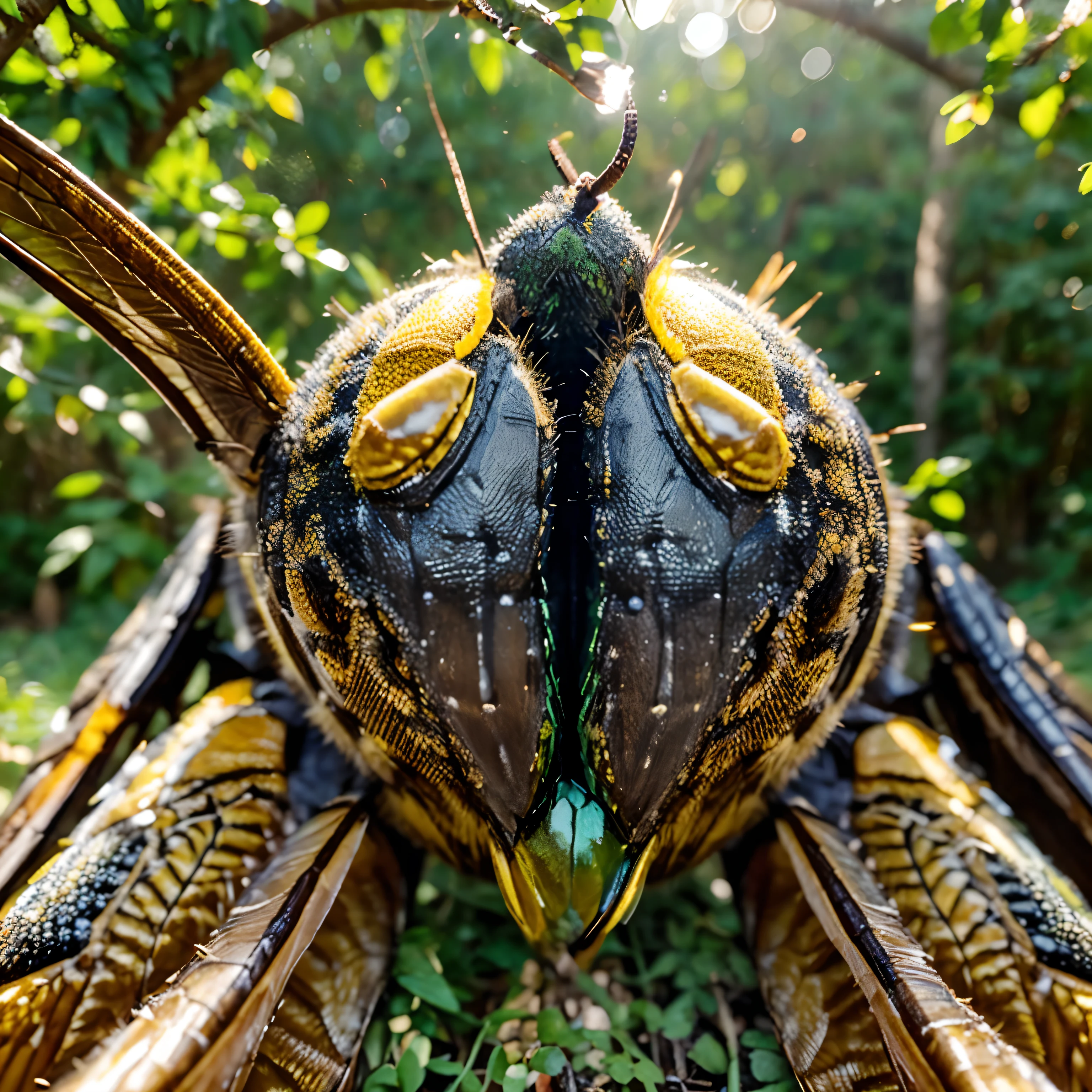 (best quality,ultra-detailed,realistic:1.37),wasps,realistic wasps,highly detailed wasps,flying wasps,detailed wings,large colony,hive,beeswax hexagons,dangerous situation,intricate patterns,natural environment,vibrant colors,forest,flora and fauna,natural light,warm sunlight,close-up shots,detailed scenery,masterpiece:1.2,portrait style,colorful landscape