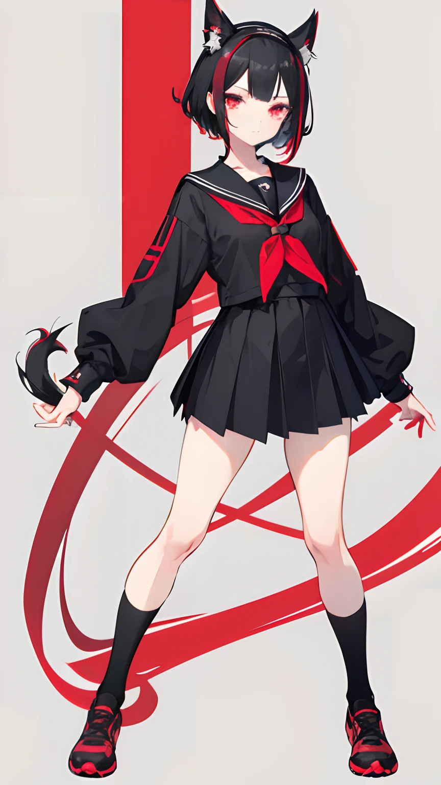 Anime style full body, a Young and captivating loli, sports chic black short hair, striking reddish horns, a crimson headband, mesmerizing red ringed eyes, and an alluring, minimalistic school uniform. Her enigmatic charm is enhanced by a sleek tail, exuding elegance and allure.