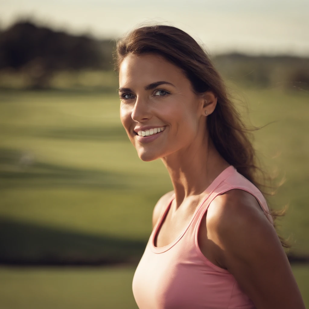 ((Best quality)), ((golf tee)), (women swinging golf club), ((round face shape)), ((brown eyes)), ((brown hair)), (latina), adult, sexy, flirting, smiling, far view , women in a short white golf skirt wearing a pink singlet, one person