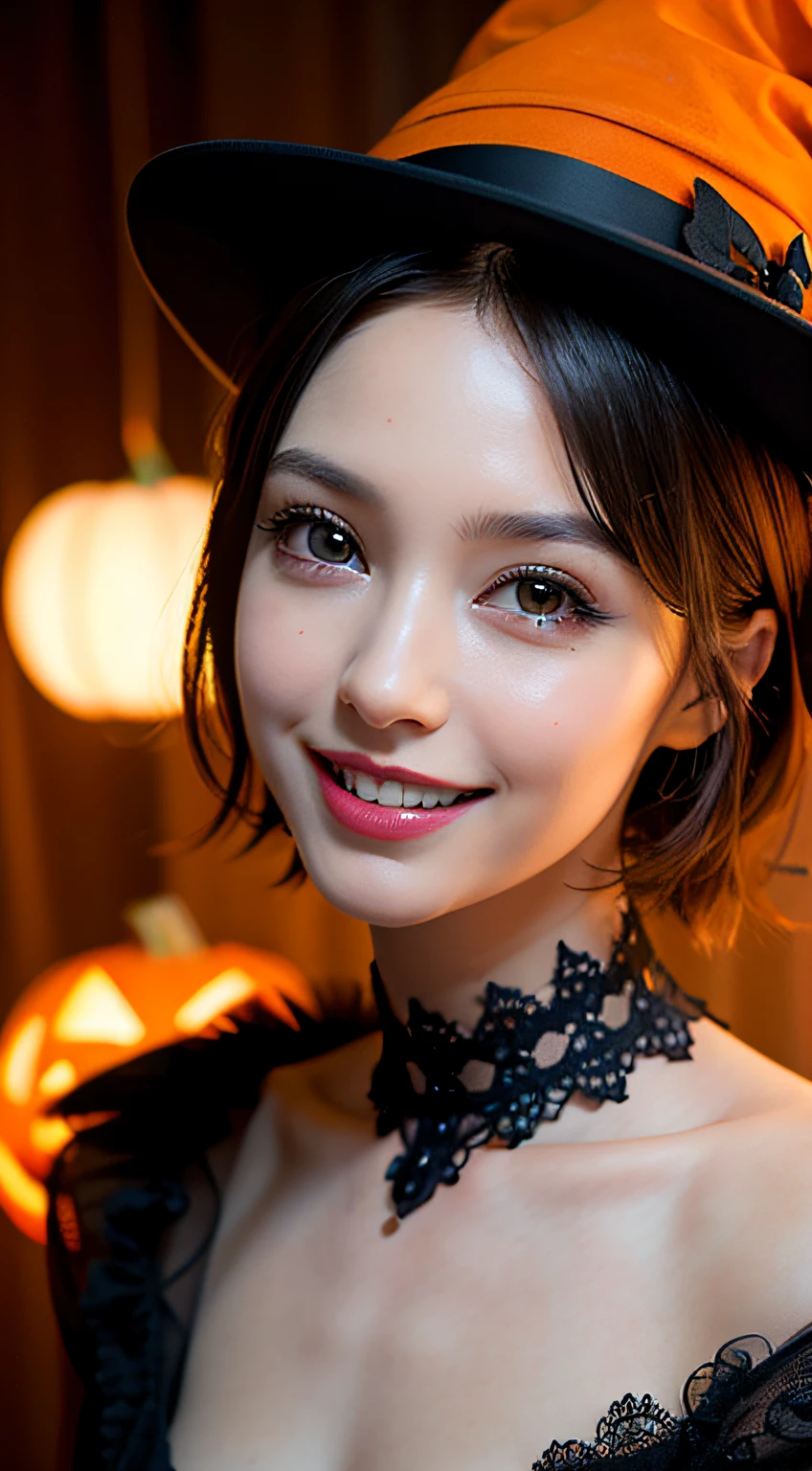 masterpiece, Best quality, Raw photorealism, Smile, big smile, happy face, Beautiful girl, Cute, Short hair, very short hair, small breasts, depth of field, High resolution, Ultra detail, Very detailed eyes and face, Sharp pupils, Realistic pupils, Sharp focus, Movie lighting, detailed background, Halloween, Halloween costume, wearing Halloween hat, Halloween party, Halloween pumpkin, bad, spiders, Halloween pie,