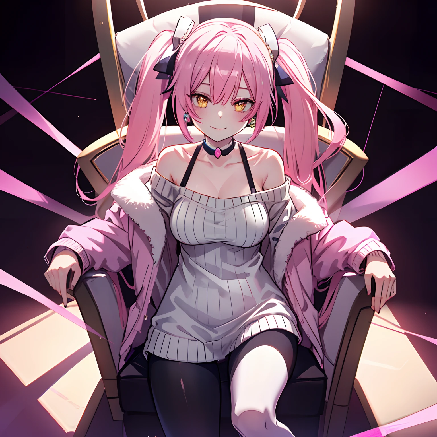 1 girl, yellow eyes, twintails hair, long hair, pink hair, medium breasts, medium ass, smile, Happy, Hairpins, Choker, smile, happy face, Earrings, Leggings, light gray sweater with off shoulders, pink coat, throne, royalty, dimly lit, light from above focused on the character, dimly lit dark background, ultra detailed, 8K wallpaper, reflection light, ray tracing, realistic