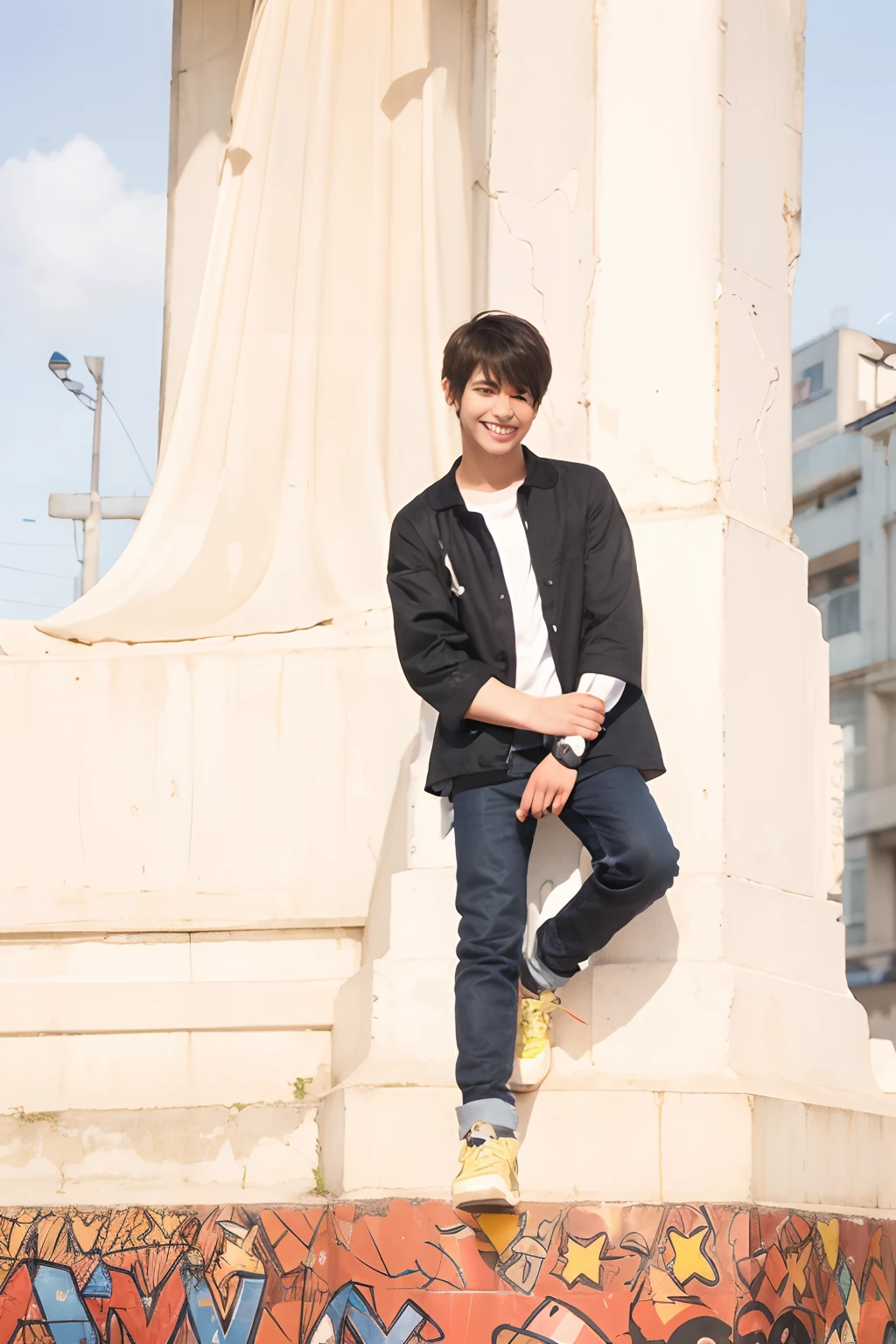 A boy, transformed into an anime style, with exaggerated unique facial features and clothing, standing on a bustling city street, backlit background highlighting the subject, high-contrast colors, 4K high-definition quality，young, smiling, handsome