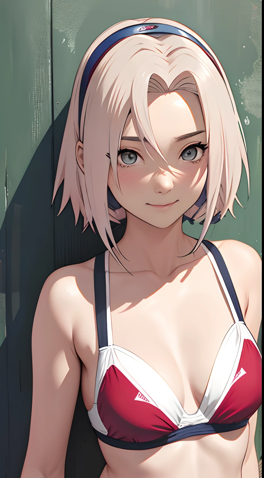 swim wears、hposing Gravure Idol、Platinum Hair、tmasterpiece， best qualtiy， 1girll， Sakura Haruno， Large breasts，Raised sexy，is shy，ssmile，