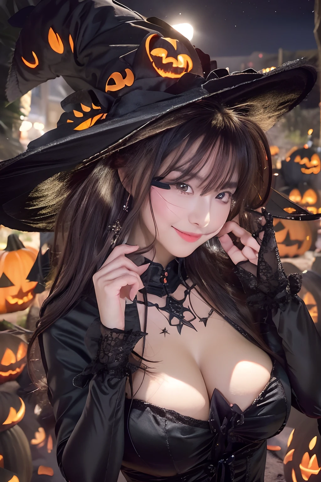 "Double long hair and G cup bust size beauty, Black Shiny Witch Cosplay、Dress with a large open back、Valley, Take a selfie among the crowds of jack-o'-lanterns at the Halloween venue."Cinematic lighting、Lustrous skin、A smile