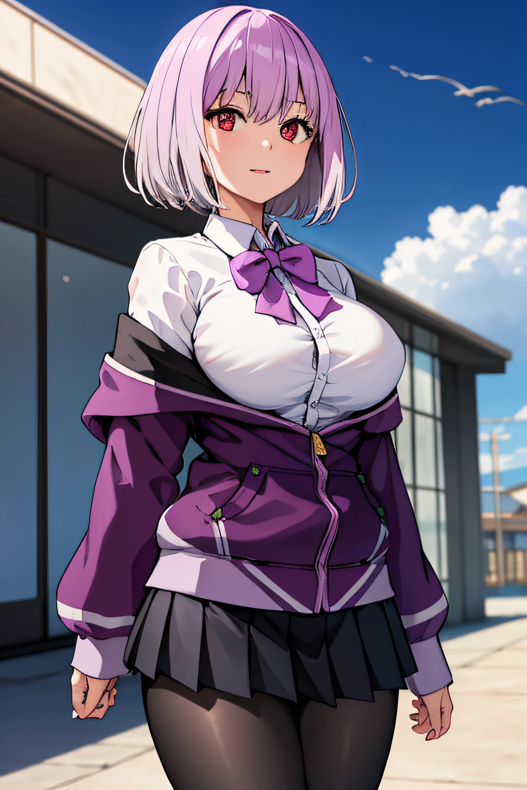 masterpiece, best quality, highres, aaakane, short hair, red eyes, large breasts, purple bowtie, collared shirt, white shirt, off shoulder, purple jacket, partially unzipped, long sleeves, sleeves past wrists, pleated skirt, black skirt, pantyhose, cowboy shot, standing, sky,