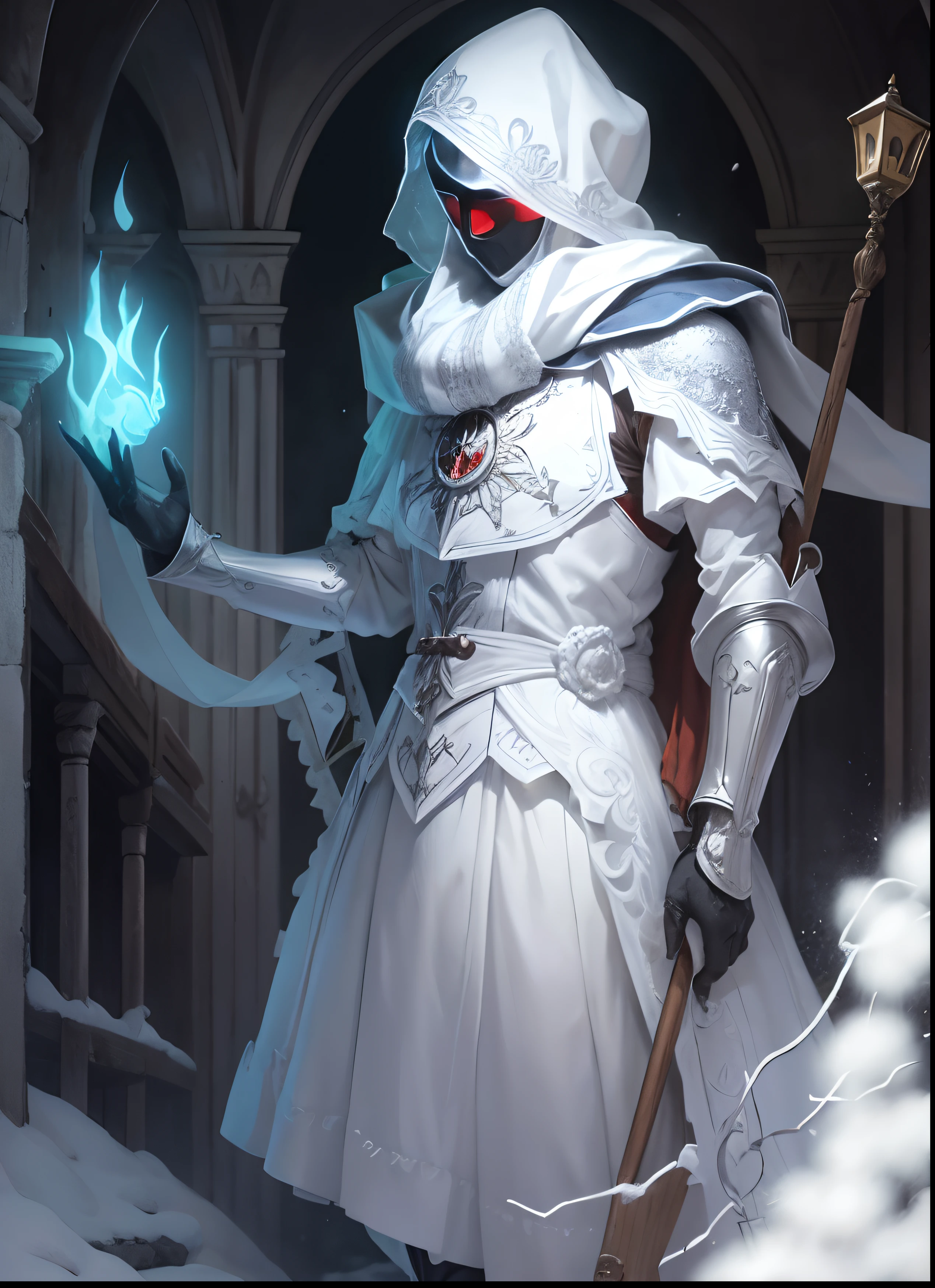 Mago de gelo, gelo e neve, cristais de gelo, mascarado, vestindo um mantos branco.