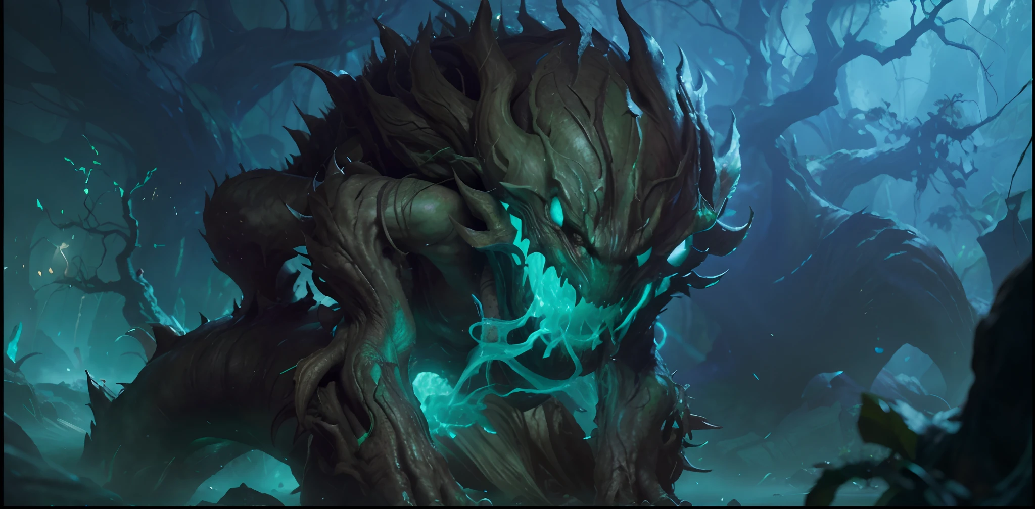 a ultra realistic, cinematic, special effects of a monster with green flame like glow coming from within and through its eyes with skin like tree bark, walking through a cave, eldritch abomination, league of legends concept art, hyper realistic